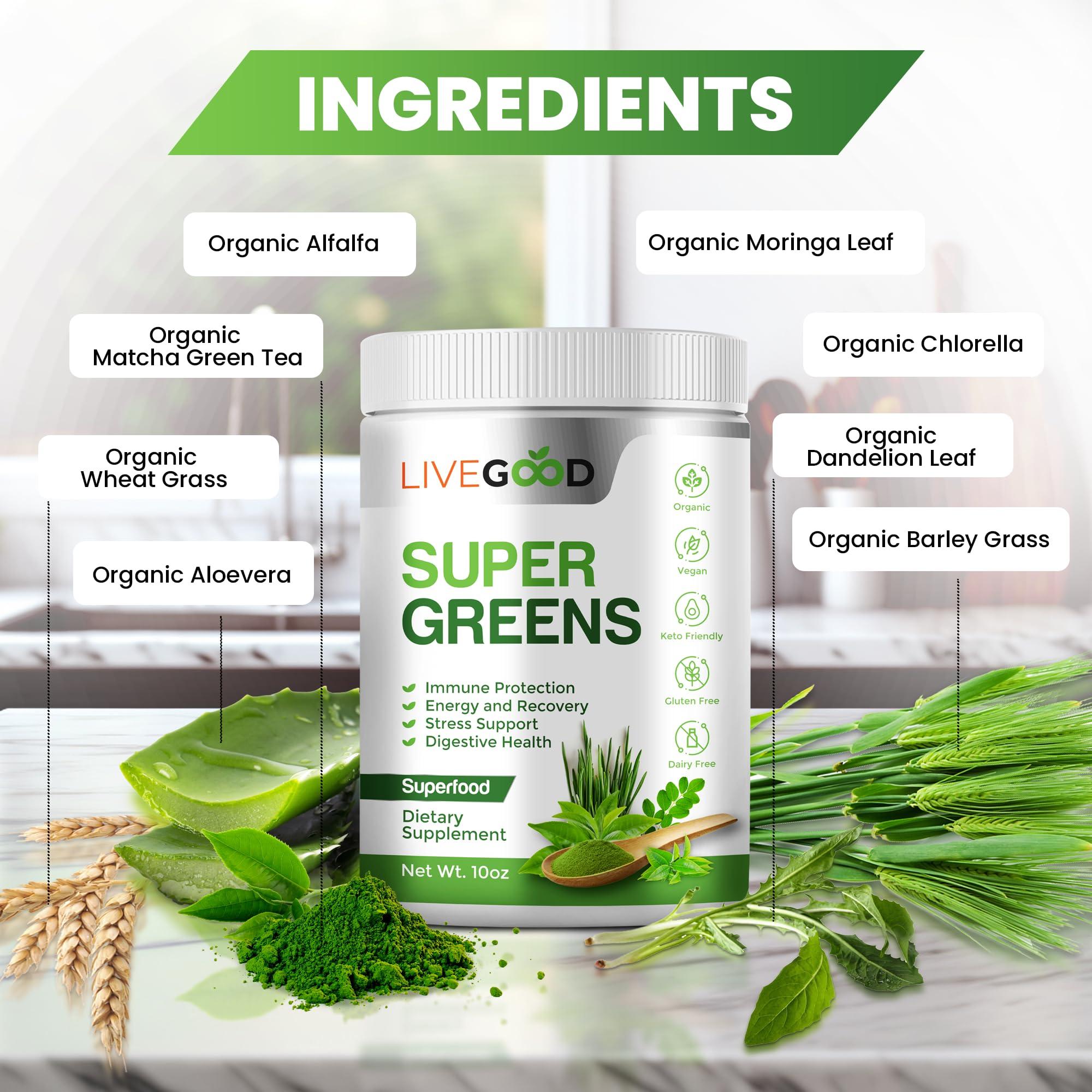 LIVEGOOD LIVEGOOD Organic Super Greens with Wheat, Barley, Oat Grass, Matcha Green Tea, Aloe Vera, Vegan, Gluten Free, 7.2 oz.