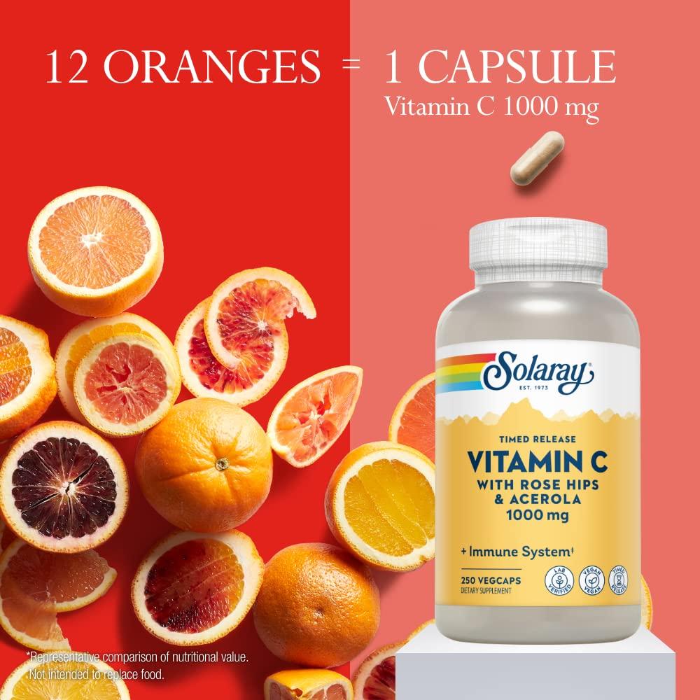 SOLARAY SOLARAY Vitamin C with Rose HIPS & Acerola | Two-Stage Timed-Release Formula | 1000mg | 24-Hour Immune Support & Antioxidant Supplement | 250 Ct.