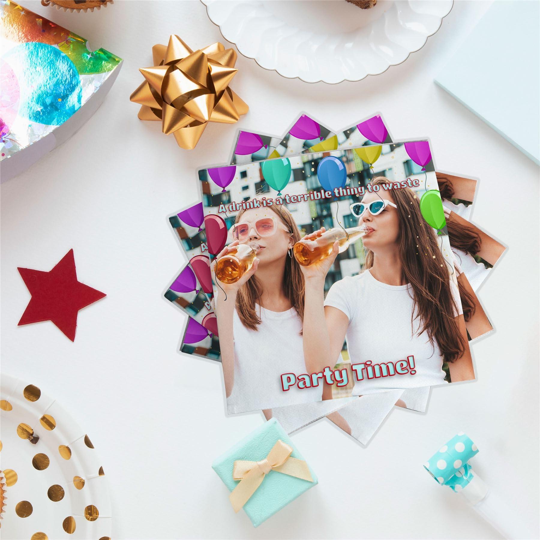 Bang Tidy Clothing Personalized Photo Beverage Napkins For Special Occasion, Birthday Party Tableware Decorations, Balloon Border Frame, Custom Disposable Luxury Linen Feel Pack of 24 Paper Serviettes