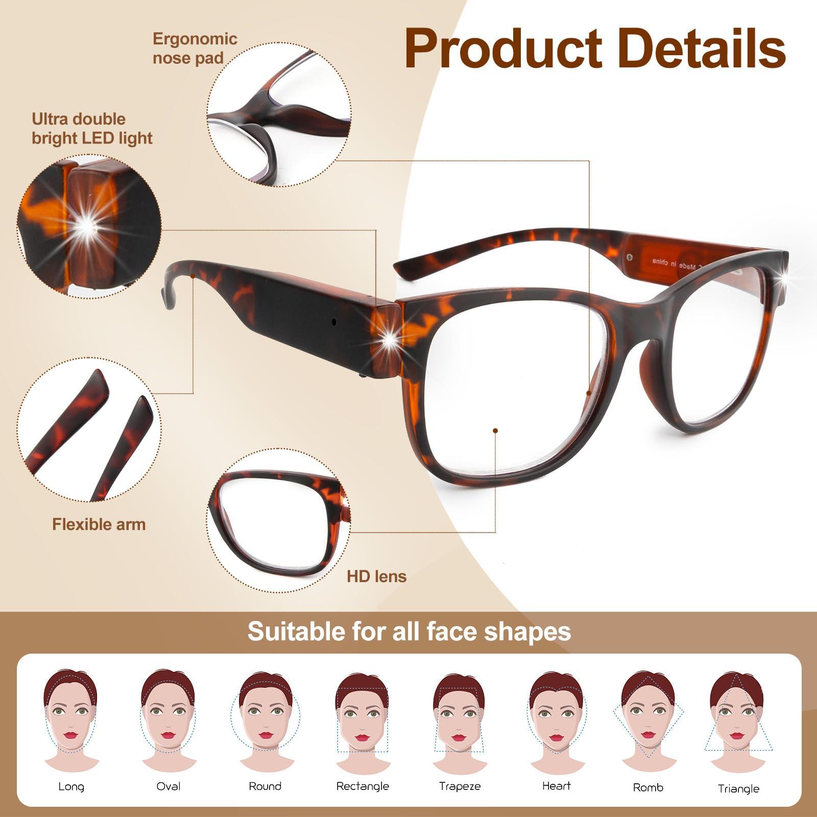 OuShiun OuShiun USB Rechargeable Reading Glasses with Light Bright LED Readers Blue Light Blocking Eyeglasses for Women Men (Demi, 1.5X)