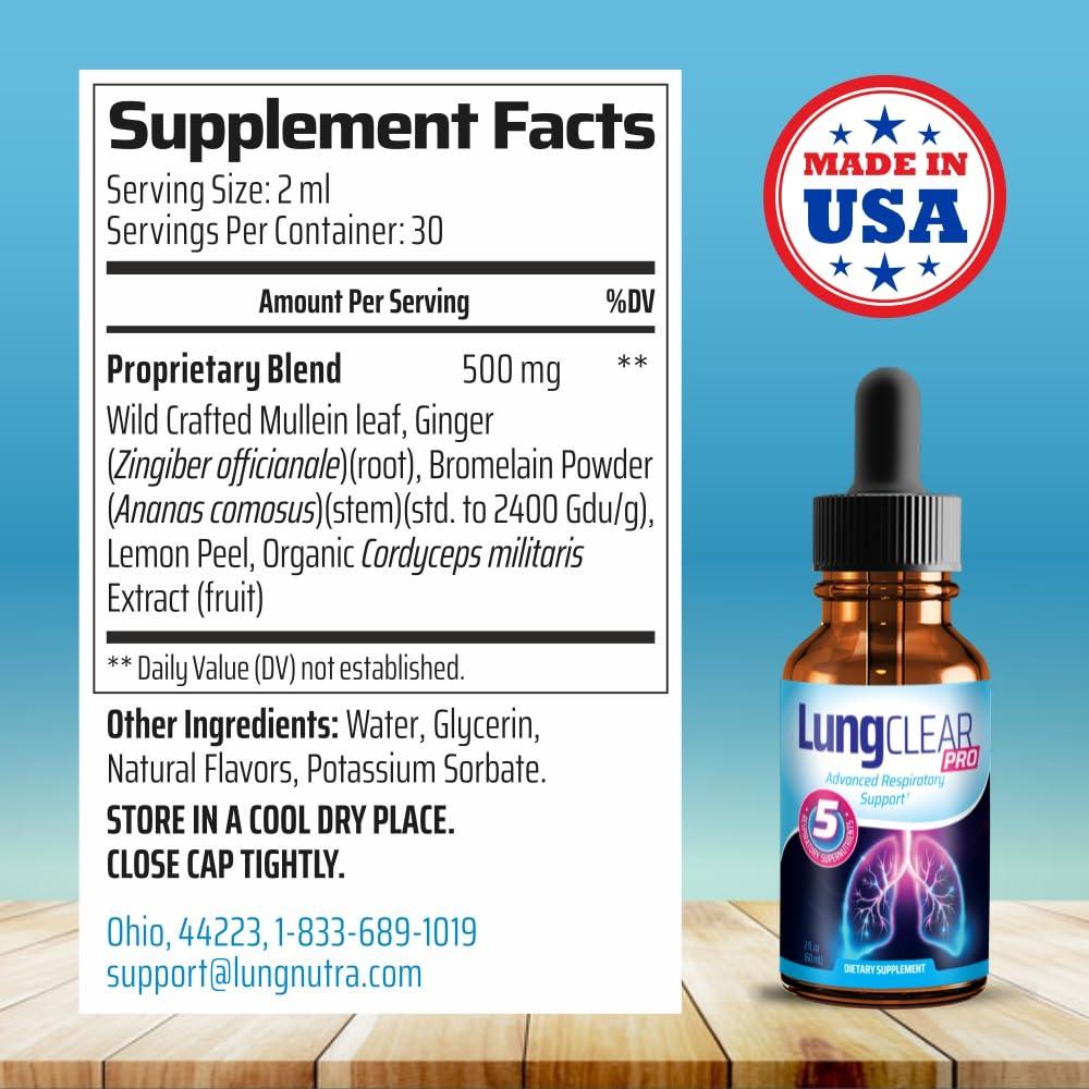 LUNG CLEAR PRO Lung Clear Pro Lung Support Supplement Drops with Wild Mullein Leaf Extract for Lungs and Mucus Relief Support - 2 Fl oz