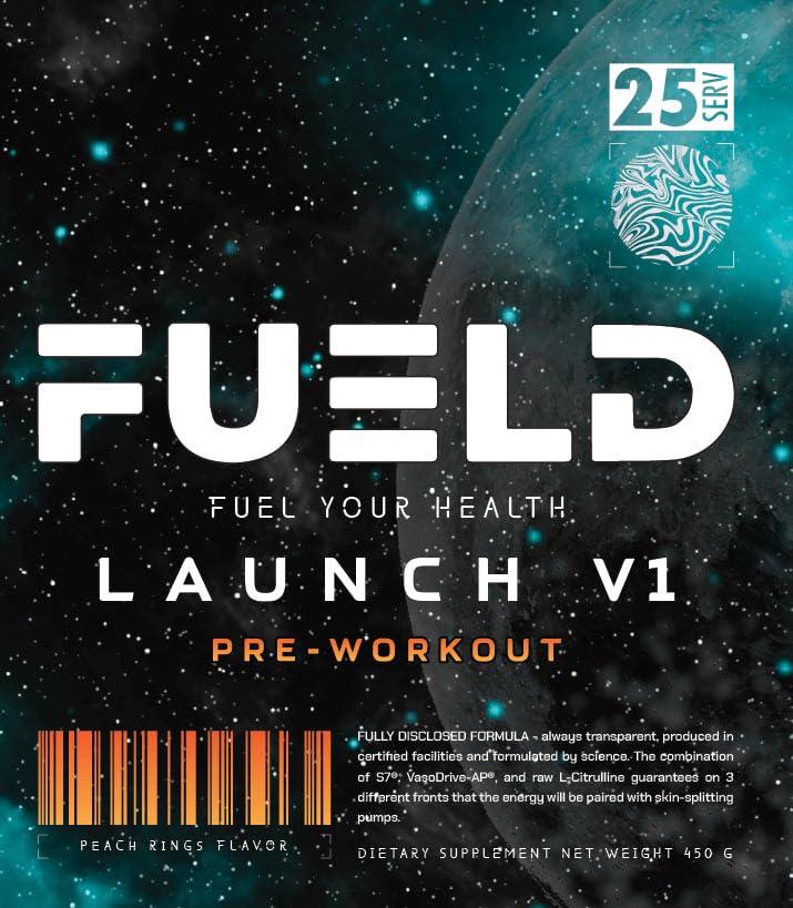 FUELD FUELD Launch V1 Pre-Workout, Insane Energy Blend, Out of This World Pump Matrix, 6g Raw L-Citrulline, 254mg Vaso Drive AP, 350mg Caffeine, 450g, 25 servings, Peach Rings