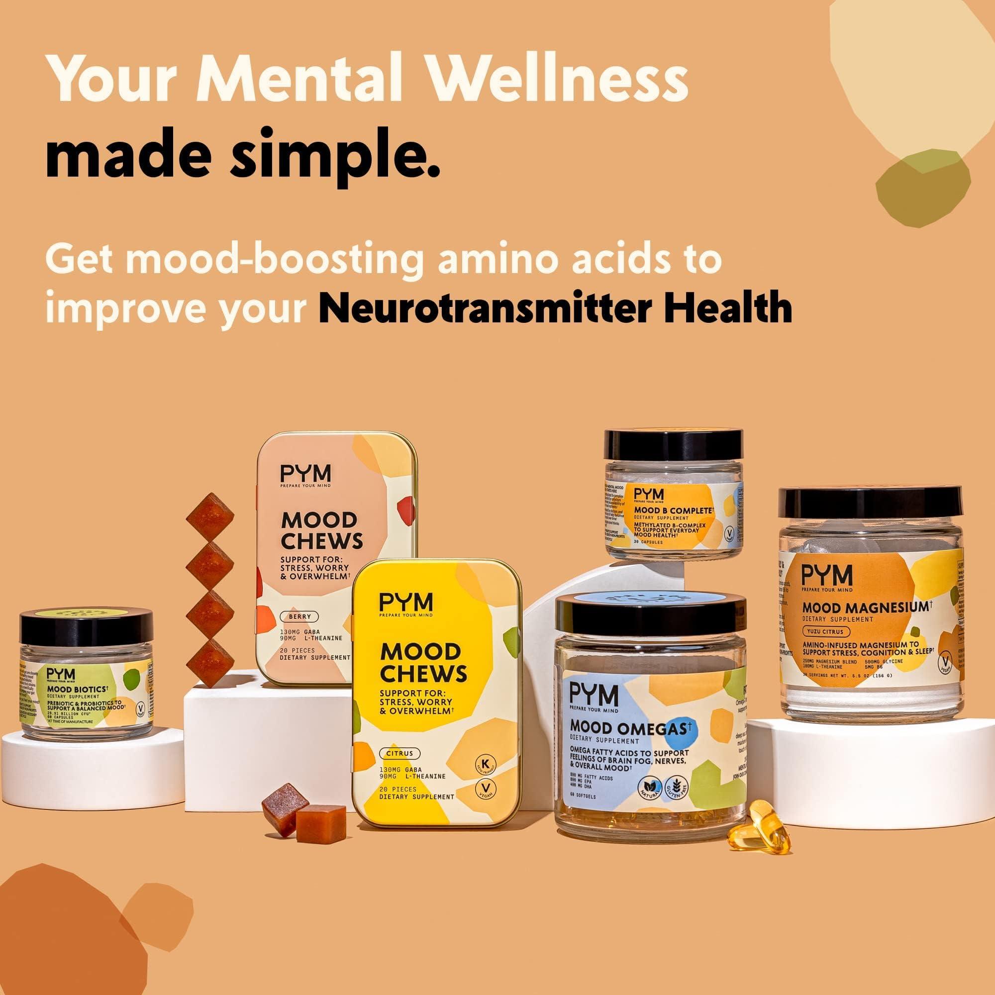 PYM Health PYM Berry Mood Chews Support for Stress, Worry & Overwhelm, 20 Count - 130mg GABA, 90mg L-Theanine - Vegan, Non-GMO, Gluten-Free, No Added Sugar - All-Natural Mood Balance Supplement Made in USA!