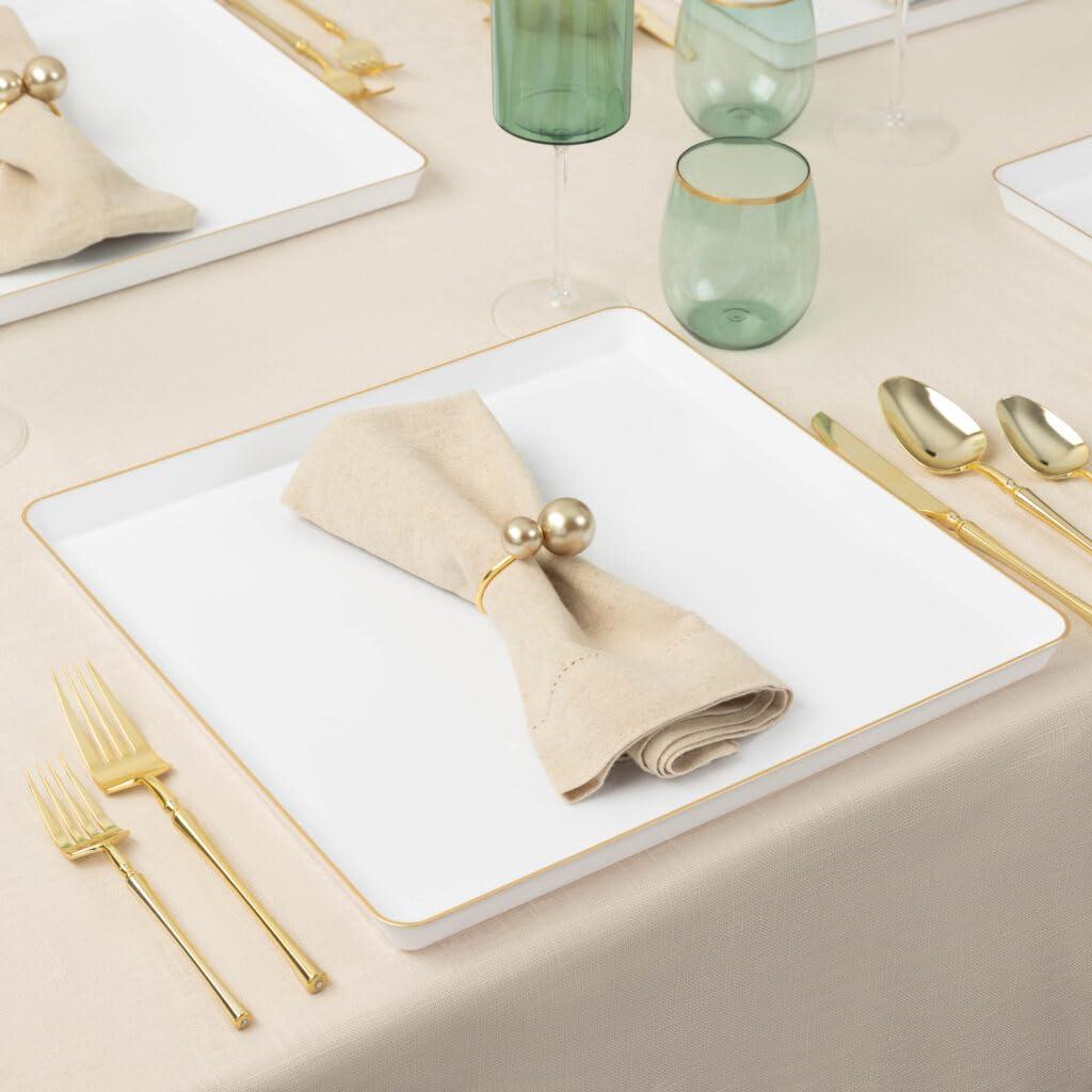 EcoQuality EcoQuality 13\" inch Disposable Square Translucent White Plastic Plates with Gold Rim, China Like Party Plates, Heavy Duty Charger Plate, Dinner, Weddings, Baby Showers, Catering, Non Toxic (4)