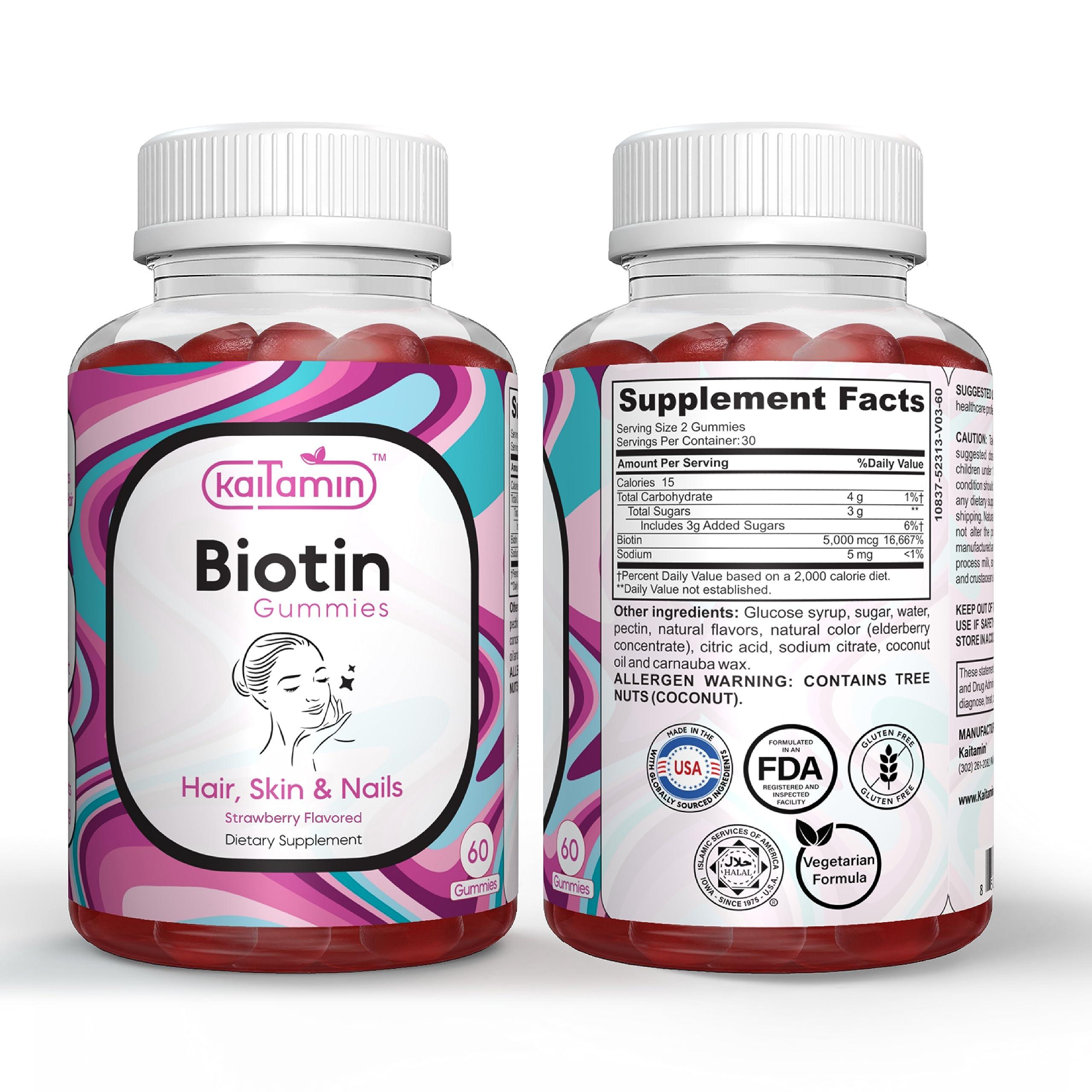 Kaitamin Kaitamin Biotin Vitamin B7 Gummies for Hair Skin & Nails - 5000 mcg per Serving - with Elderberry and Coconut Oil, 60 Strawberry Flavored Gummies - All Natural, Gluten-Free & Vegetarian (Pack of 1)