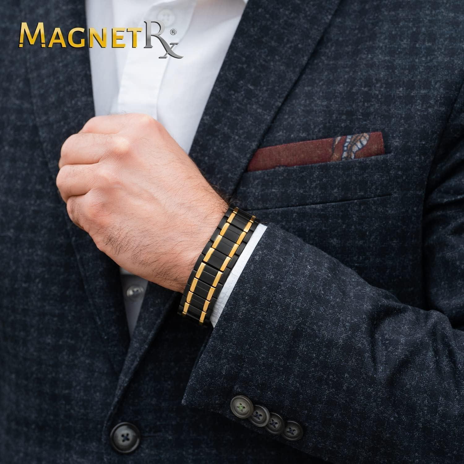MagnetRX MagnetRX 3X Strength Titanium Magnetic Bracelet Magnetic Bracelets for Men Premium Fold-Over Clasp and Adjustable Length with Sizing Tool (Black/Gold)