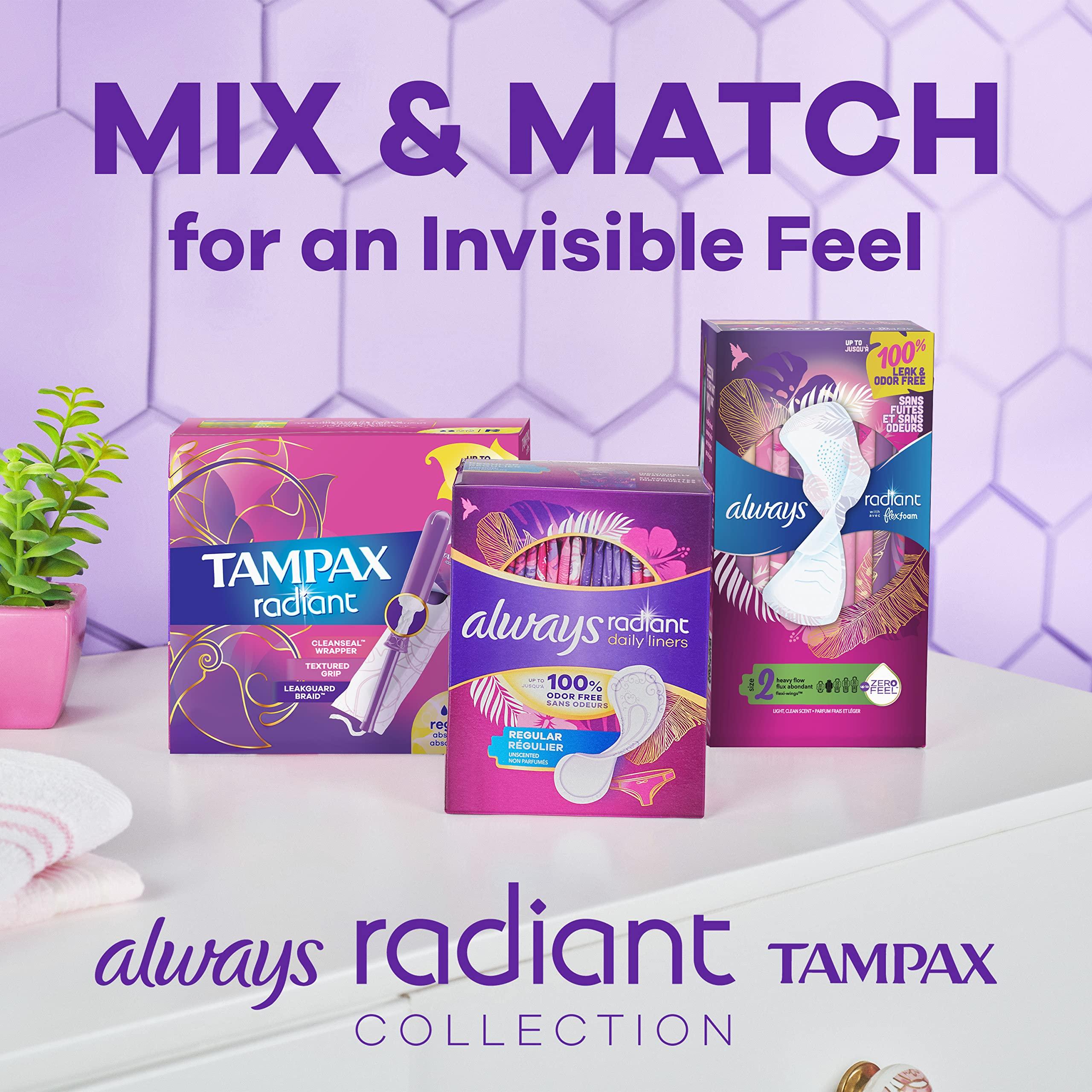 Always Always Radiant FlexFoam Pads for Women, Size 5, Extra Heavy Overnight Absorbency, 100% Leak & Odor Free Protection is Possible, with Wings, Scented, 26 Count