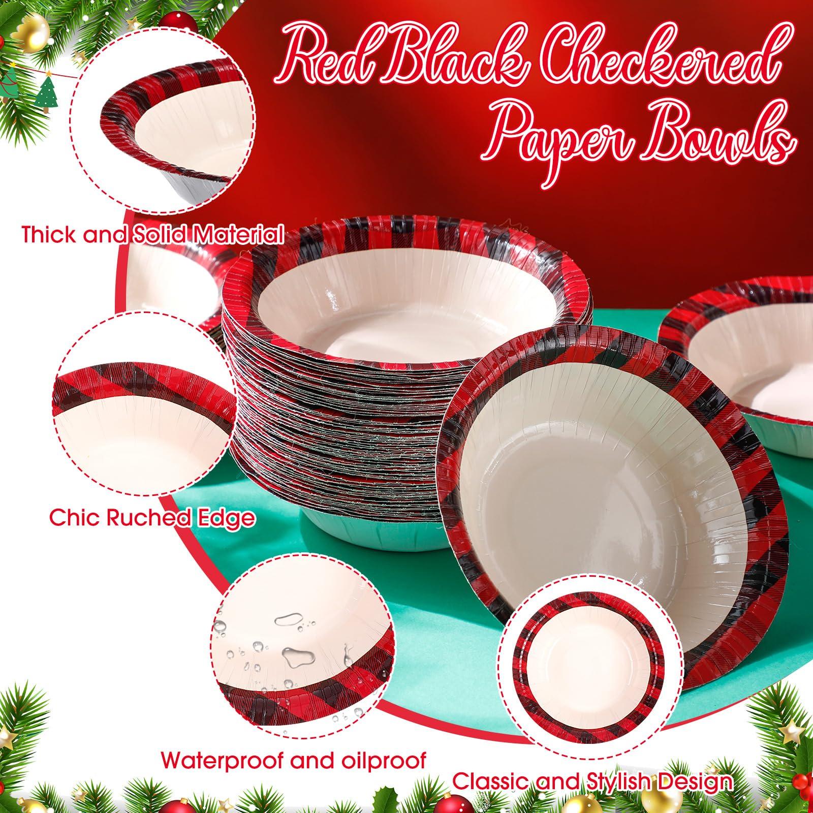 Jinei Jinei 50 Pcs Christmas Paper Bowls Bulk 16 oz Red and Black Paper Bowls Disposable Cereal Salad Dessert Soup Bowls Hot and Cold Food Serving Bowl for Christmas Birthday Party Picnic Supplies