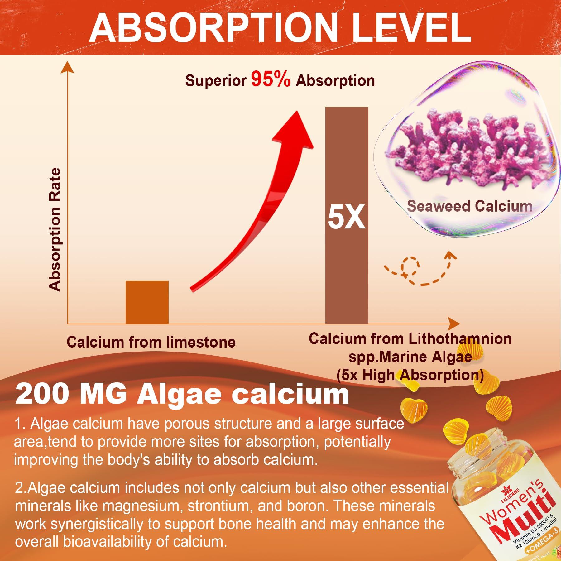 LILICARE Womens Multivitamin Gummies, Sugar-Free Methylated Multivitamins w/D3 + K2, Vegan Omega 3, Algae Calcium, Daily Vitamin A C E B6 B12 Folate, Inositol, Minerals for Energy, Mood, Bone, Hormore, 60 Cts