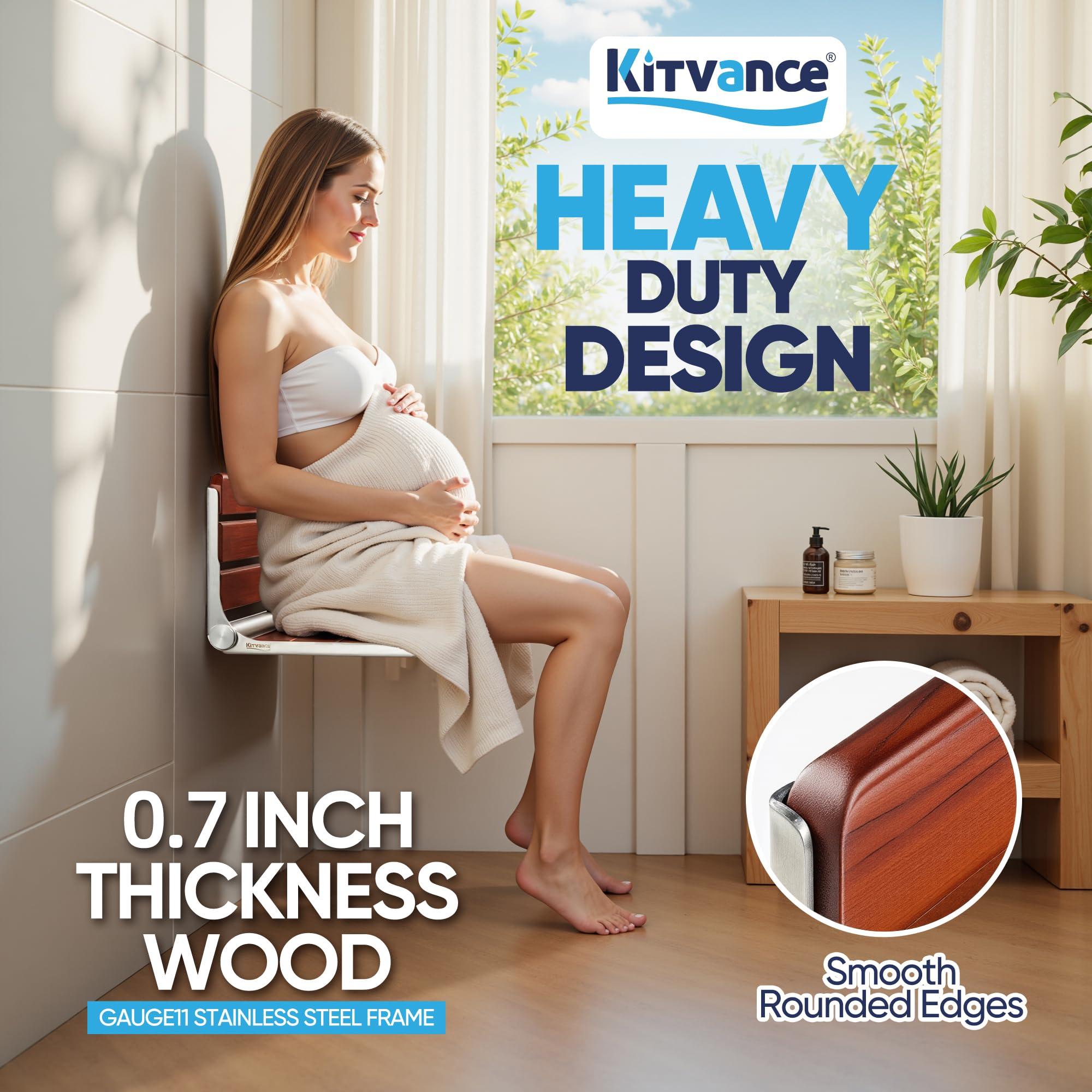 Durtschi Upgraded 19" ADA Compliant Folding Teak Shower Seat Wall Mounted - Larger Teak Shower Bench, Home Care Folding Shower Seat for Inside Shower, Wall Mount Shower Chair Shower Stool, Max Load 400lb