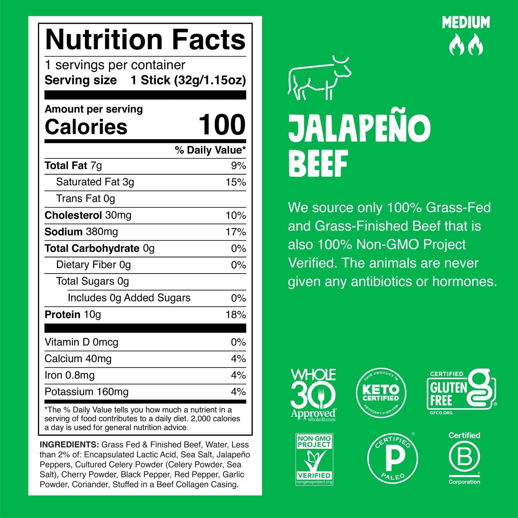 Chomps Chomps Grass-Fed and Finished Jalapeo Beef Jerky Snack Sticks 24-Pack - Keto, Paleo, Whole30, 10g Lean Meat Protein, Gluten-Free, Zero Sugar Food, Non-GMO