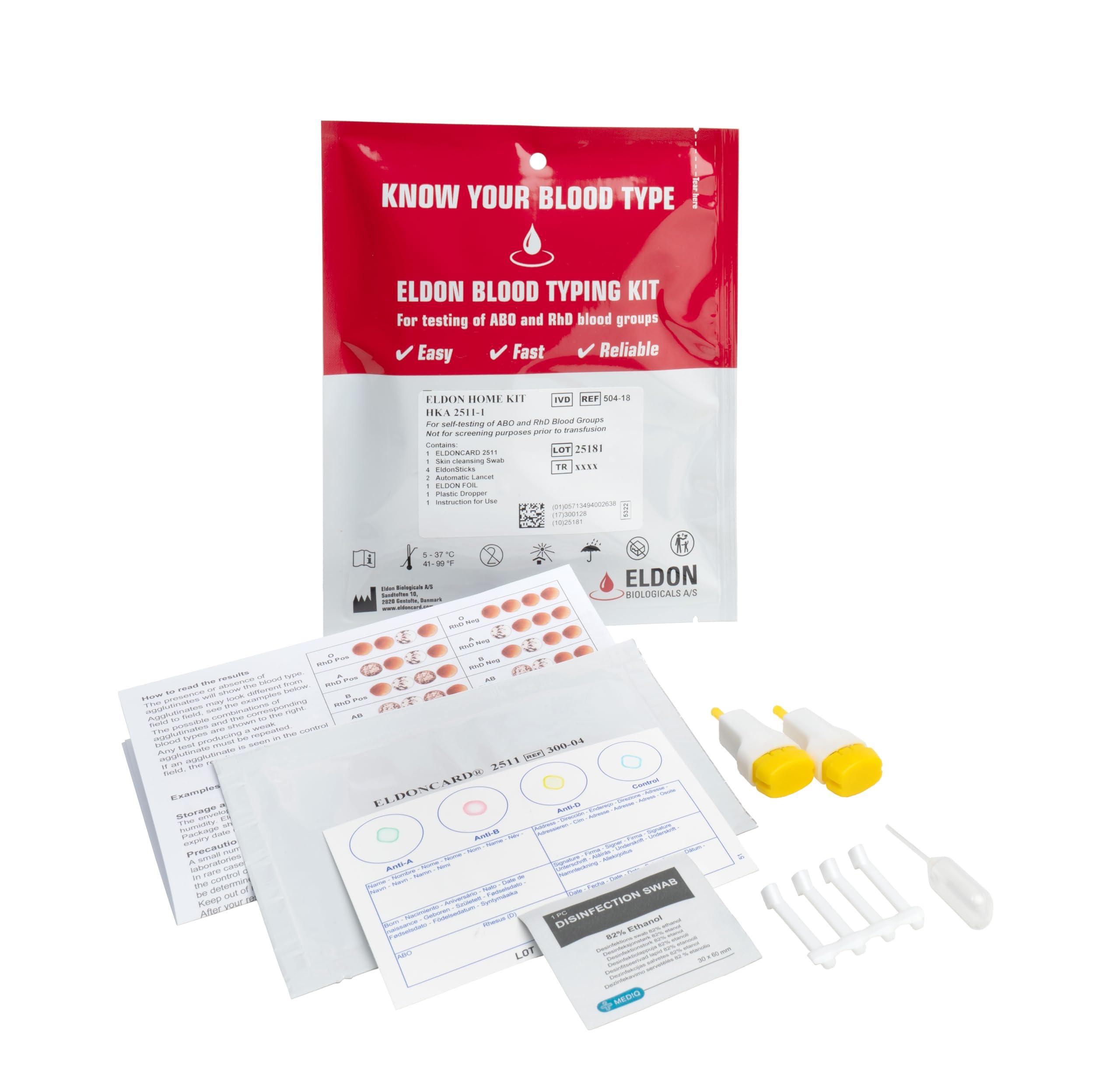 EldonCard Eldoncard Blood Typing Kit, 1 Test Pack, Know Your Blood Type, Accurate Instant Home Testing, Determine A, O, B, RHS-D Negative & Positive Groups