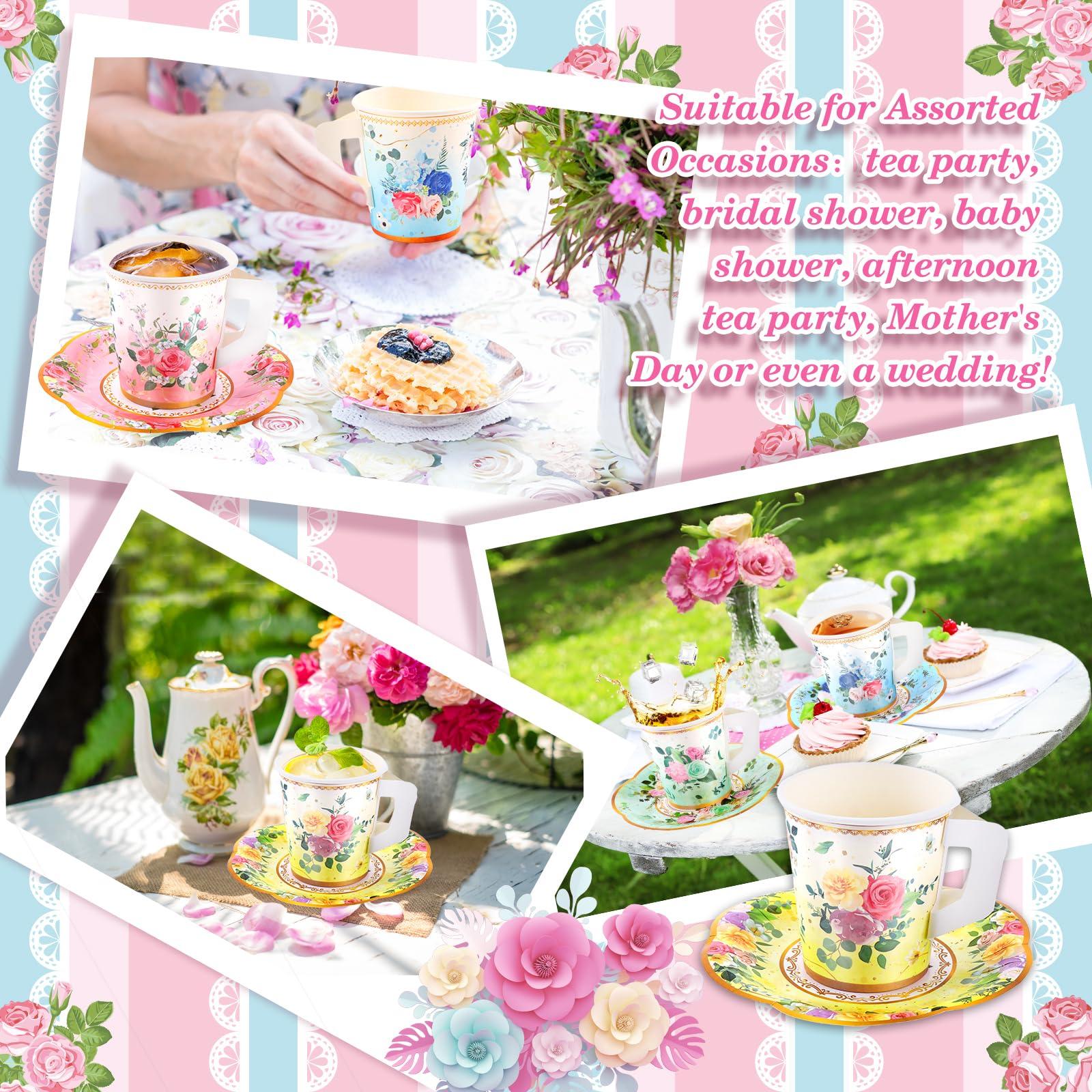SUMMORO SUMMORO 160 Pcs Floral Paper Tea Cups and Saucers 7 OZ Disposable Paper Tea Cups with Handle and Plates for Tea Party Decoration Birthday Baby Shower Bridal Wedding Mother\'s Day