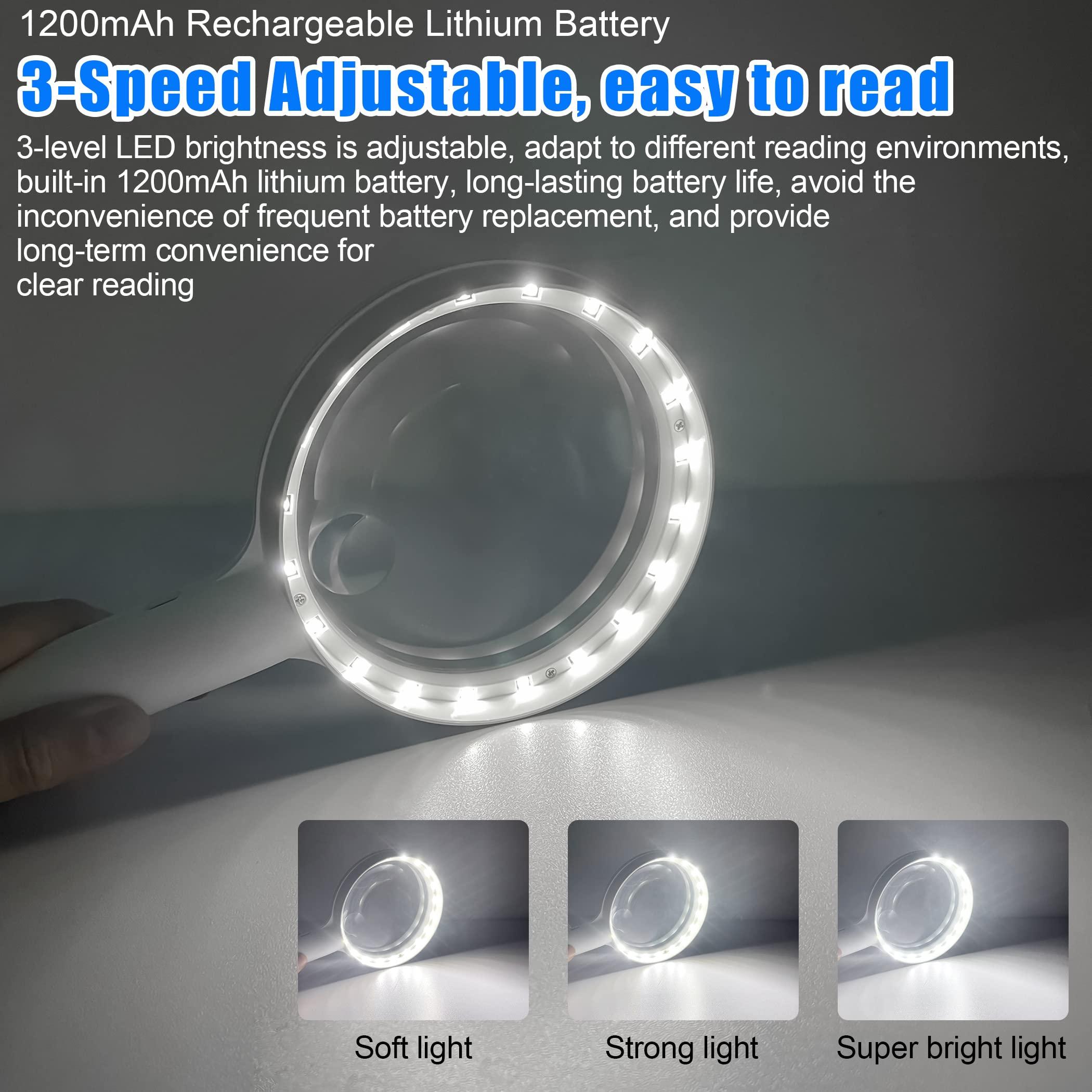 Nazano Magnifying Glass with Light, Handheld Illuminated Lighted Magnifying Glass with 20Leds, 3 Light Modes & Rechargeable USB Magnifier Seniors, Reading, Macular Degeneration, Exploring, Coins (White)