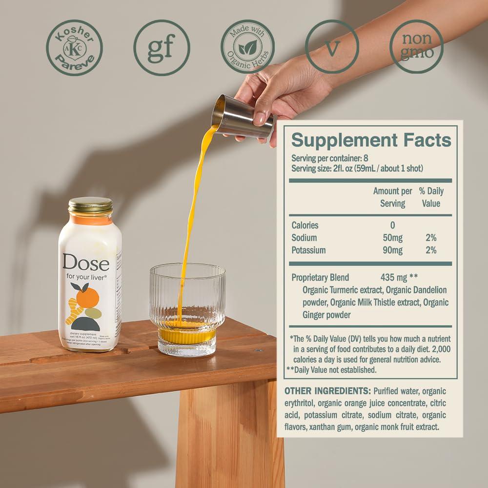 DOSE DOSE for Your Liver Support Supplement Shot| Non GMO, Vegan, Gluten Free, Kosher Pareve | 16oz (9 Bottles) & 2oz Shot Glass (2 Glasses)