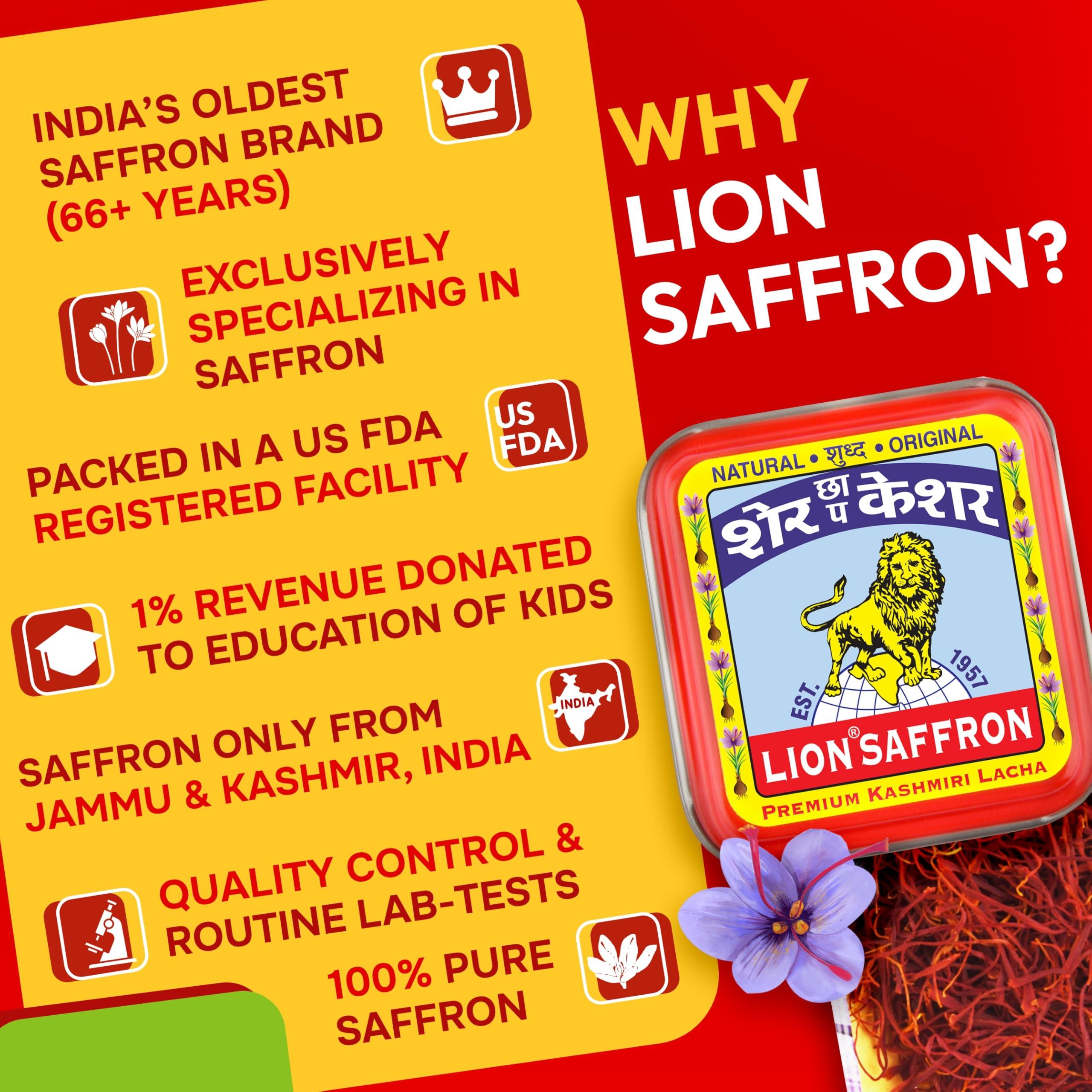 LION BRAND SAFFRON LION BRAND SAFFRON, Original Kashmir Saffron/Kesar/Azafran (Certified Grade A+) for Biryani, Rice, Tea, Cooking, Kesar Tilak, Beauty and Improved Health | Kashmiri Kesar Saffron 1g (1 gram)