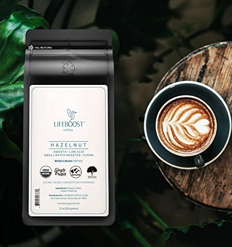 LIFEBOOST Lifeboost Coffee Whole Bean Hazelnut Coffee - Low Acid Single Origin Non-GMO Organic Coffee Beans - Third Party Tested For Mycotoxins & Pesticides - 12 Ounces