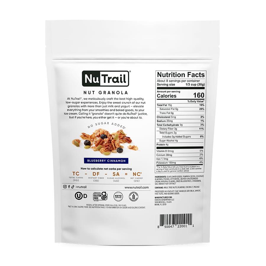 NuTrail NuTrail Nut Granola, Blueberry Cinnamon, No Sugar Added, Gluten Free, Grain Free, Keto, Low Carb, Healthy Breakfast Cereal 8 oz. 3 Count