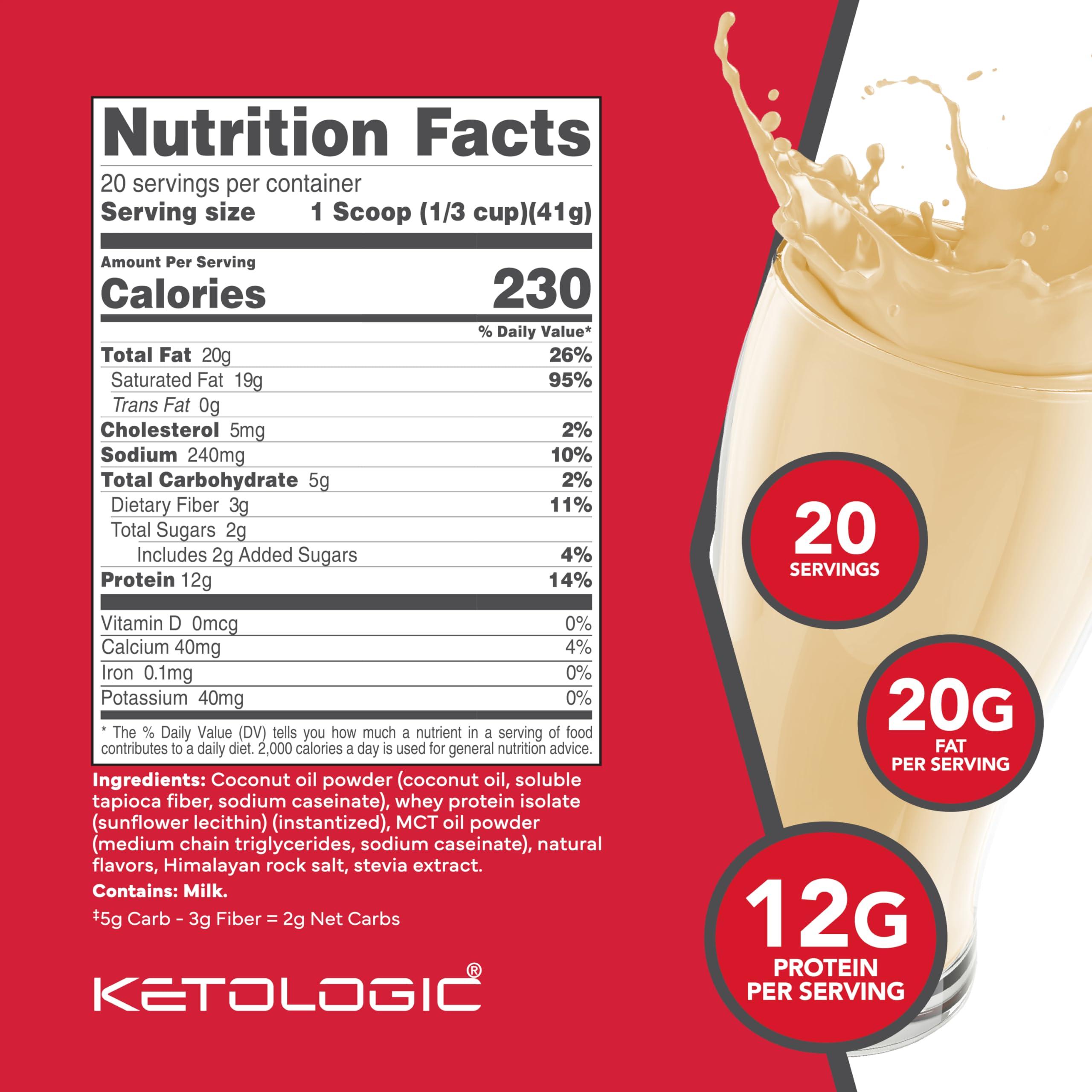Ketologic Ketologic Keto Meal Replacement Shake Powder for Optimal Results + MCT Oil + Grass-Fed Whey - Perfectly Formulated Macros for Ketosis - 20 Servings - Vanilla