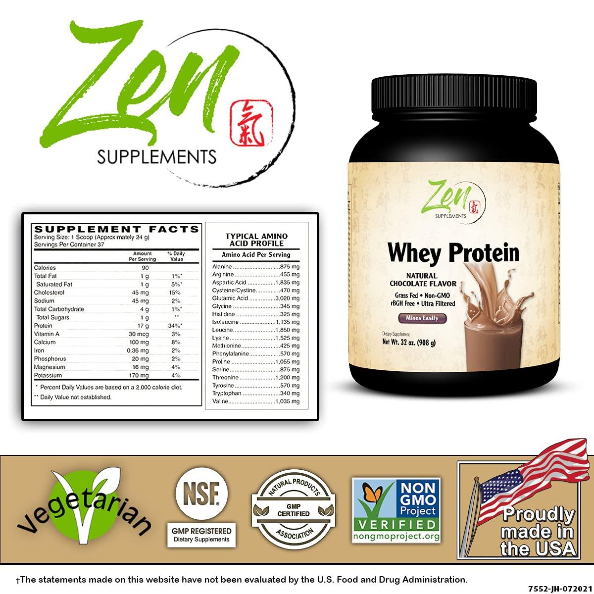 Zen Supplements Zen Supplements - Organic Grass Fed Whey Protein 19g Per Serving Keto Friendly - Chocolate 32 Oz-Powder