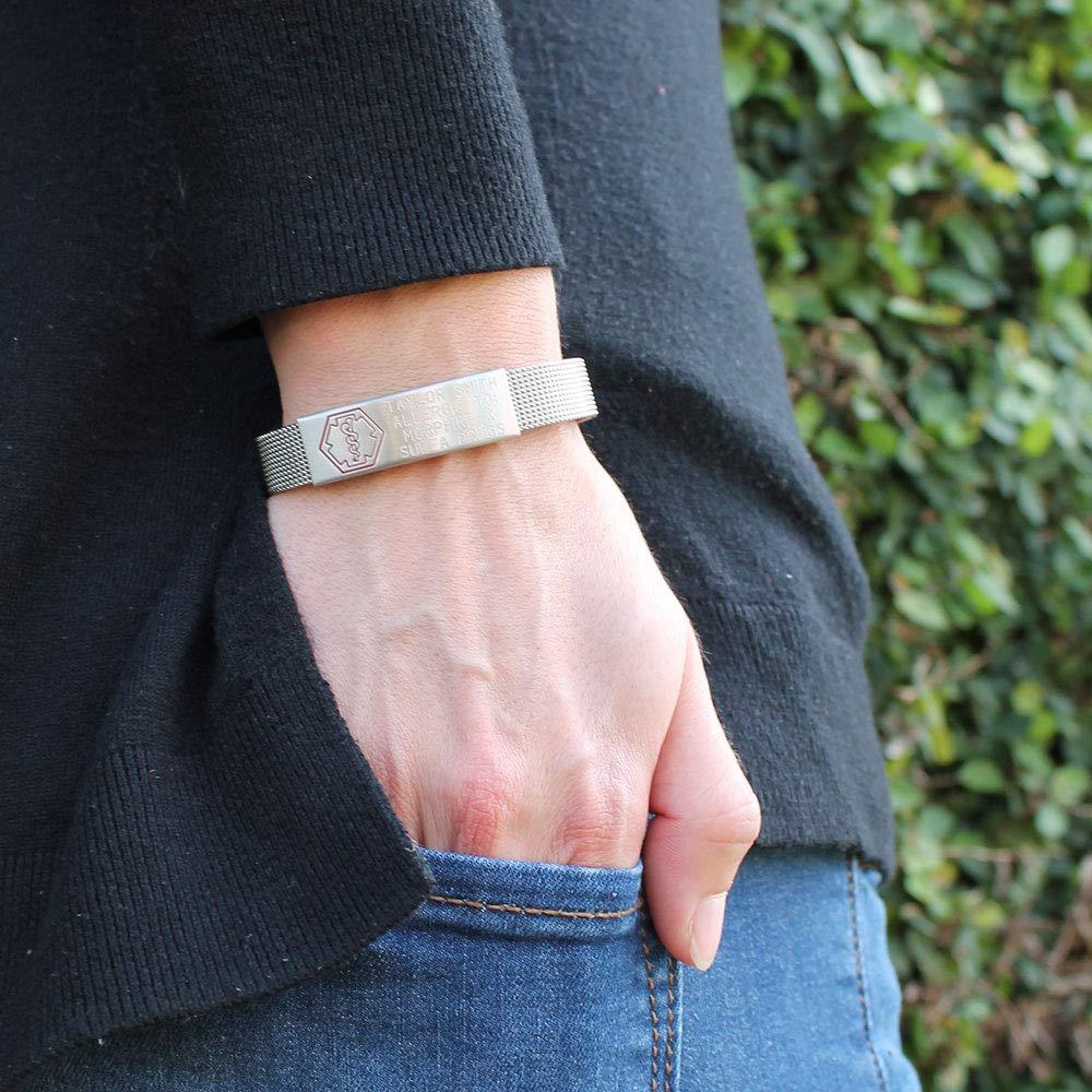 American Medical ID American Medical ID – Sleek Mesh Medical Alert ID Bracelet – Surgical Stainless Steel, Adjustable ID Band Sizing & Clasp, 4 Lines Personalized Engraving Included