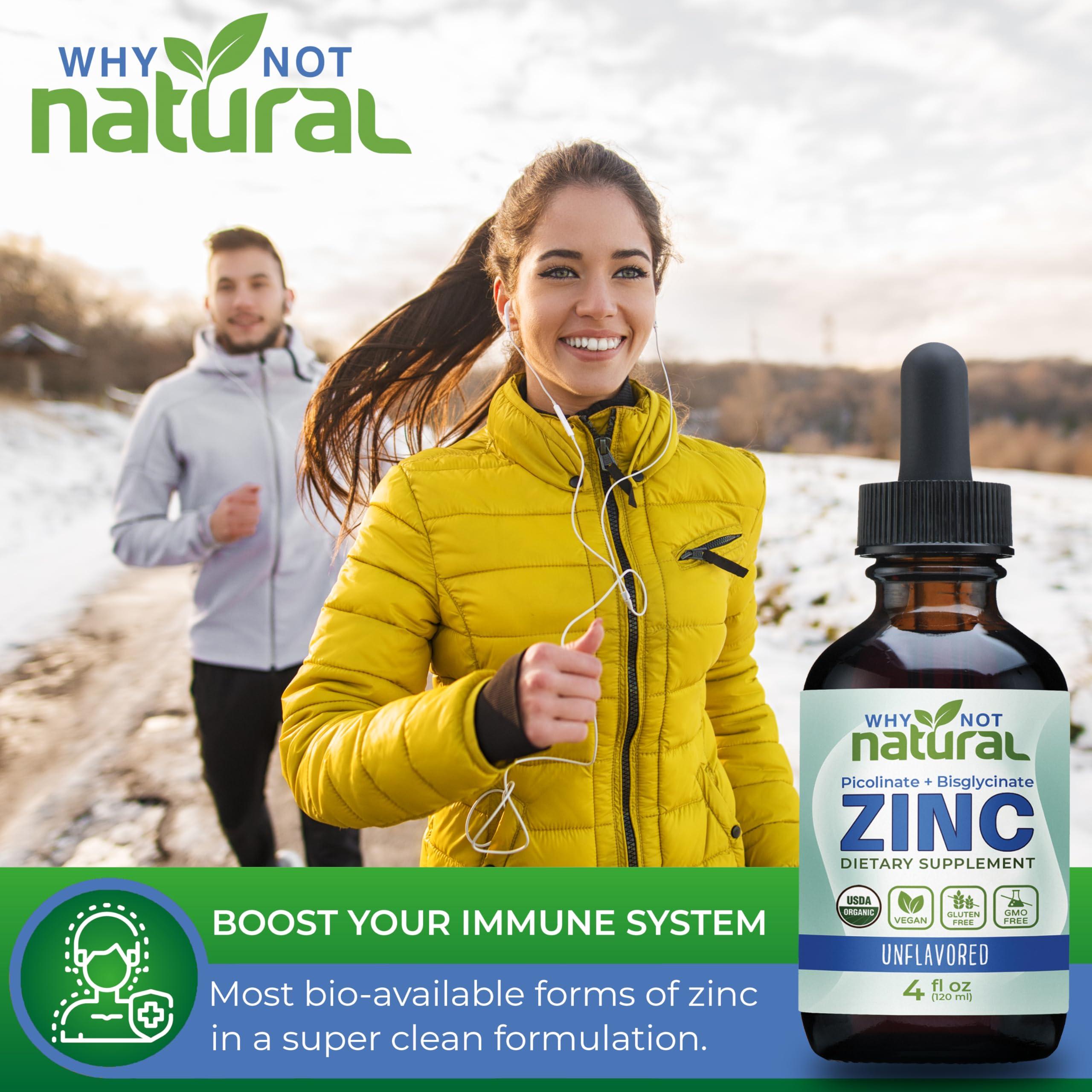 Why Not Natural Organic Liquid Zinc Drops Supplement with Chelated Zinc Picolinate and Bisglycinate, USDA Organic and Vegan