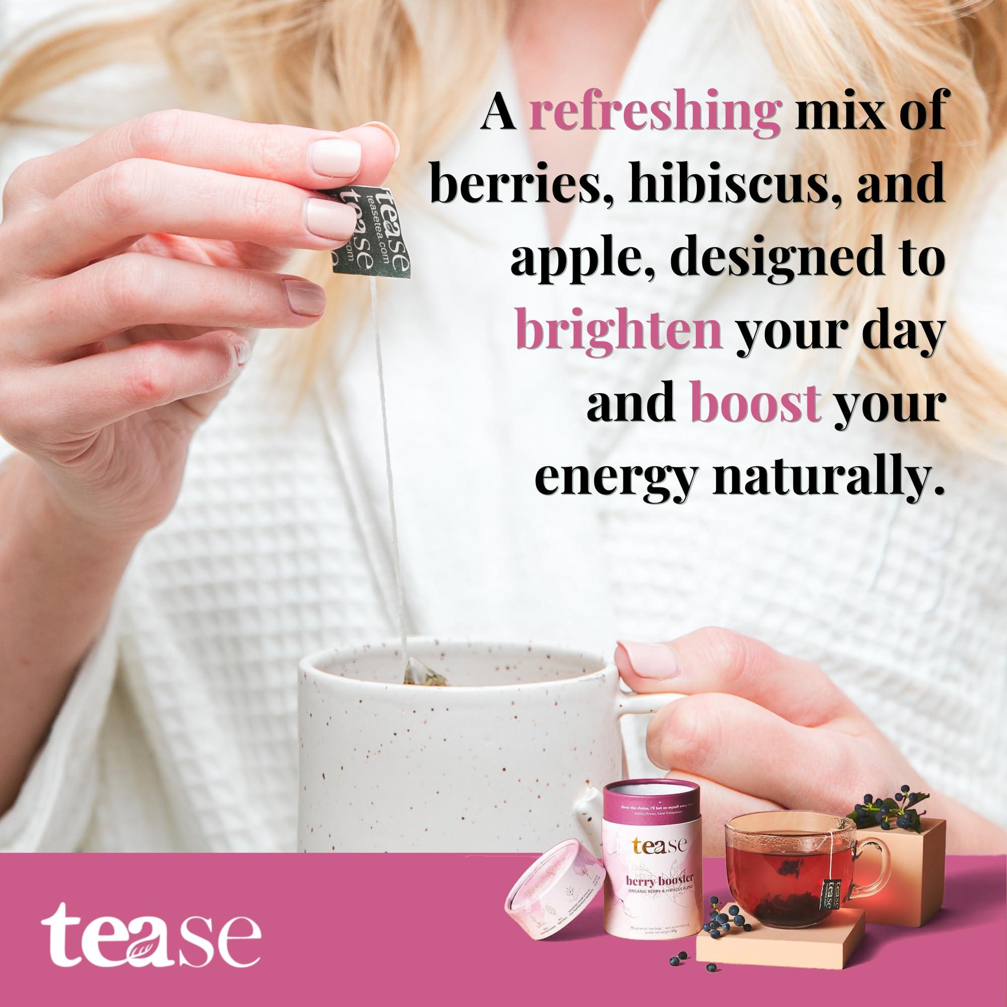 Tease Tease Tea Organic Tea Gift Set | 15 Piece Botanical Pyramid Tea Bag Infuser Sachets Luxury Wellness Tea Lovers Kit Loose Leaf Blend with Elderberry, Currant, Hibiscus Caffeine Free 37g (Berry Booster)