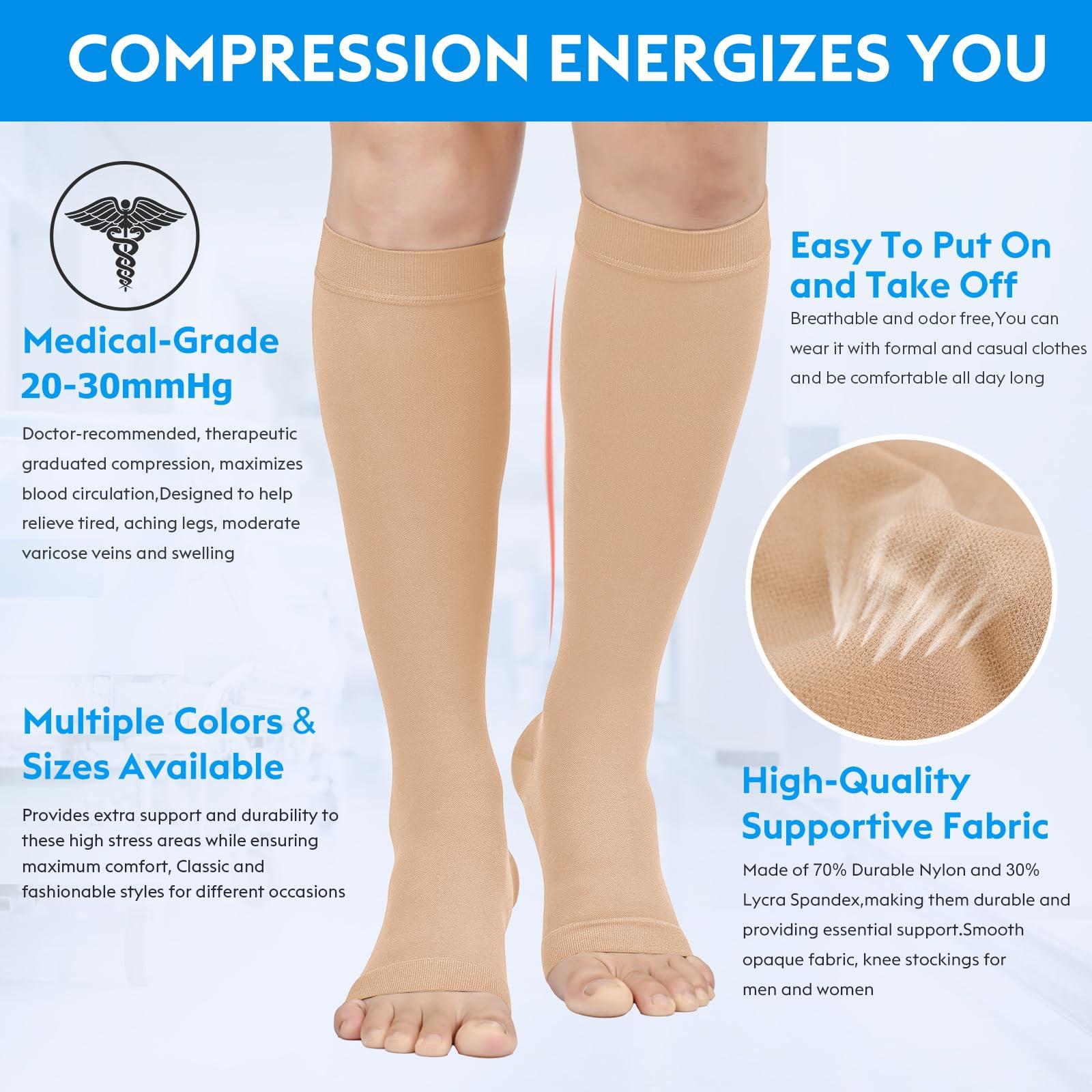 MGANG MGANG 20-30 mmHg Compression Stocking for Men and Women, Medical Compression Socks, Knee High Length, Open Toe, for DVT, Varicose Veins, Relief Shin Splints, Edema, Beige XX-Large