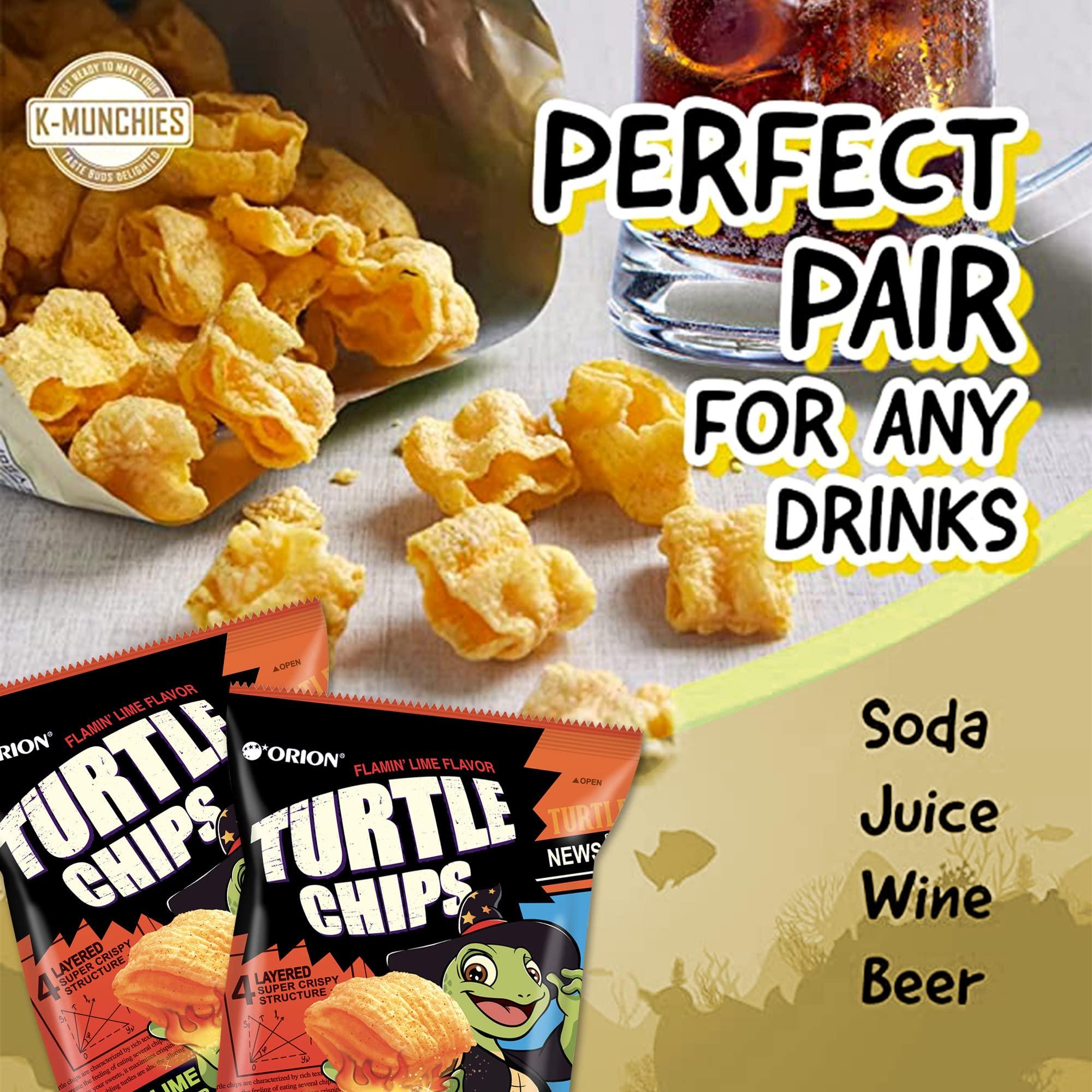 K-Munchies K-Munchies Orion Turtle Chips – Large 3 x 160-gram Flamin' Lime Flavor Korean Chips – Big Bag, Party Size Tasty, Crispy Korean Corn Snacks - Bite-Sized, On-The-Go Korean Corn Snack for Family