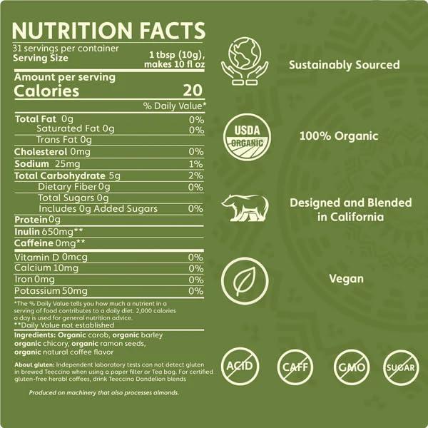 Teeccino Teeccino French Roast Chicory Coffee Alternative - Ground Herbal Coffee Thats Prebiotic, Caffeine-Free & Acid Free, Dark Roast, 1.1 Pound