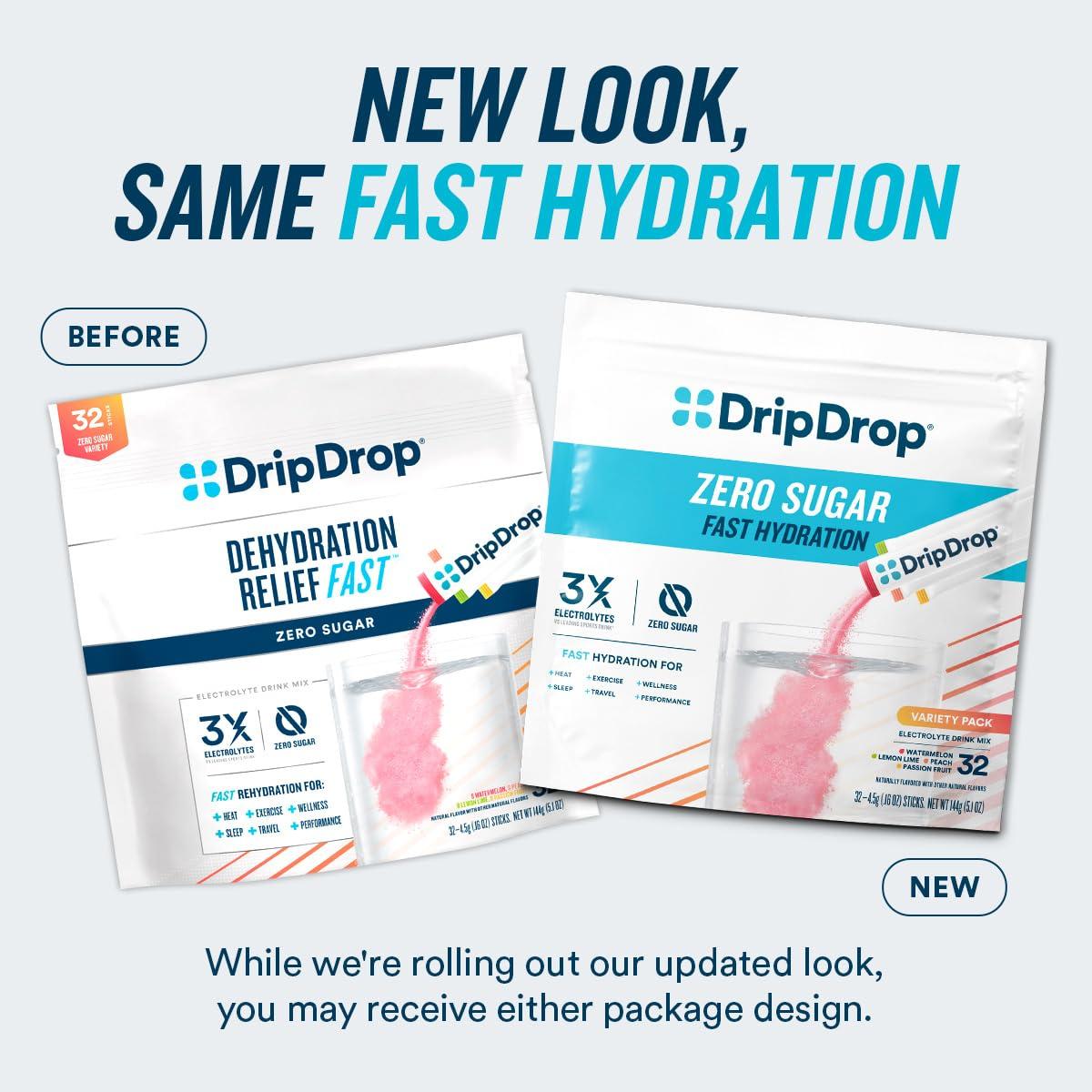 DripDrop DripDrop Hydration - Zero Sugar Watermelon - Electrolyte Drink Mix Single Serve Powder Packets | Non-GMO, Gluten Free, Vegan | 32 Sticks