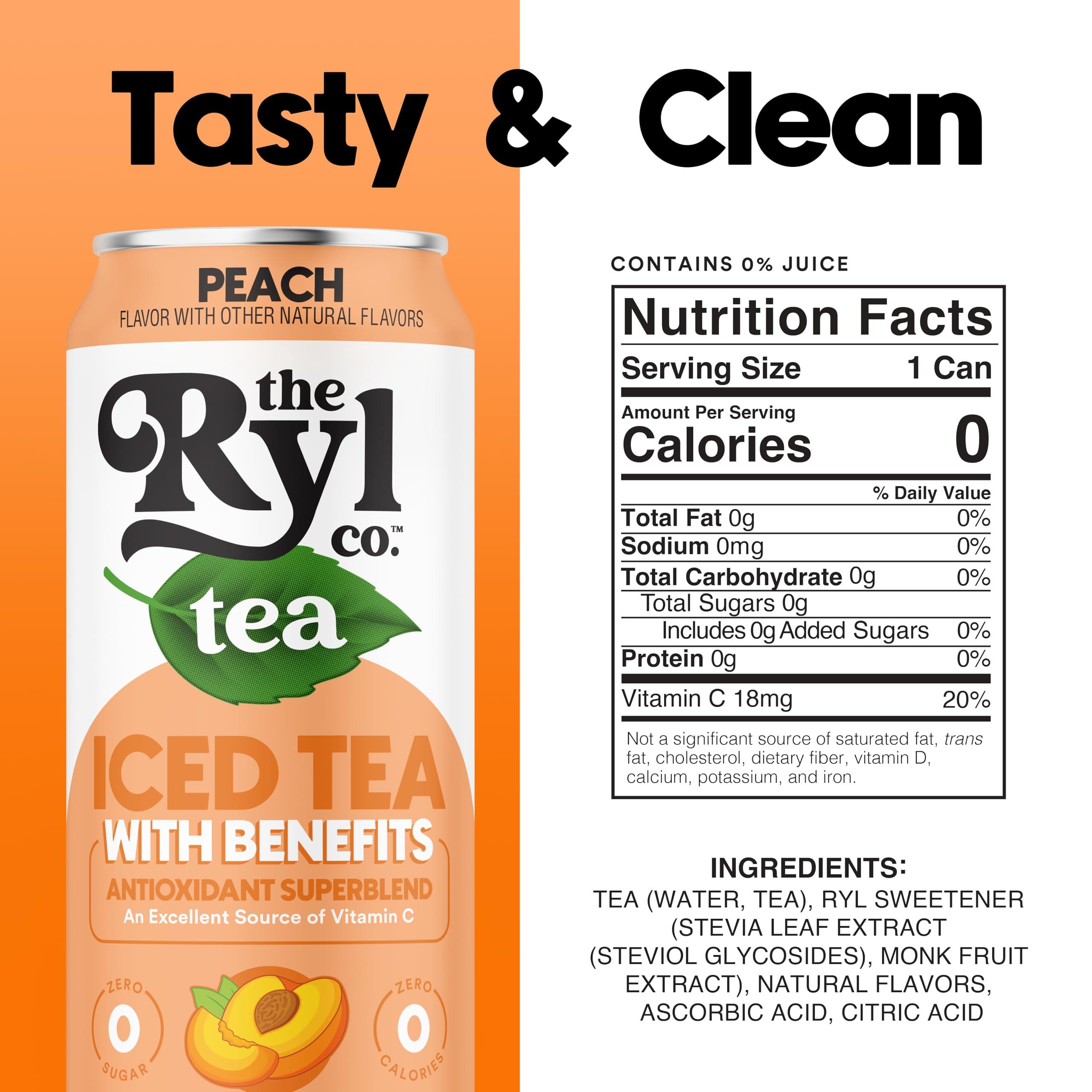 The Ryl Co Ryl Iced Tea, Peach, Antioxidant Superblend, Zero Sugar, Low Carb, Zero Calorie Iced Tea, 16.0 Fl Oz (12-Pack)