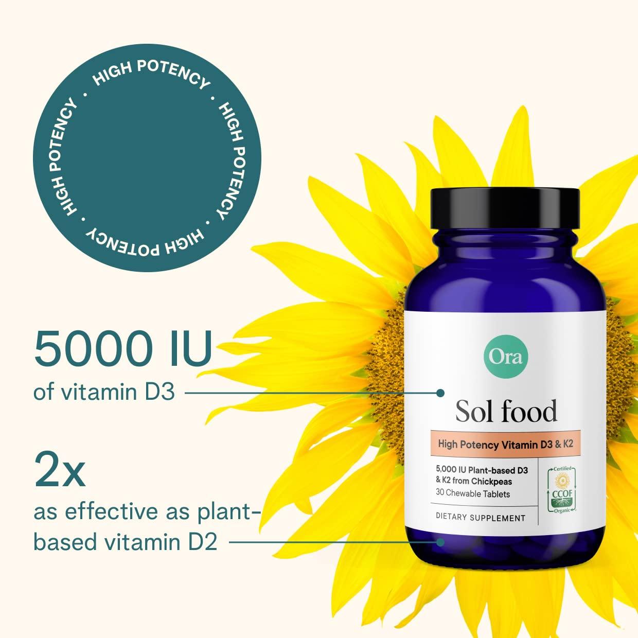 Ora Organic Ora Organic Vitamin D3 5000IU + K2 - Vegan Vitamin D from Lichen and K2 from Chickpeas for Bone Health, Immune Support, & Mood | Maximum Absorption - 1 Month Supply, 30 Chewable Tablets