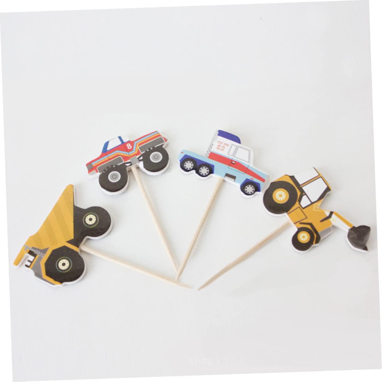 VICASKY VICASKY 48pcs Creative Cake Toppers Gold Cupcake Liners Birthday Construction Sign Monster Truck Cupcake Toppers Party Toppings Containers with Lids Supplies Baking Decorations Wooden