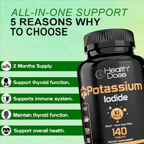 Health Dose Health Dose Potassium + Iodide (KI) Tablets 130mg 140 Tablets for Thyroid Support, Cellular Metabolism & Electrolyte Balance Non-GMO, Gluten-Free, GMP Certified, Pack of 2