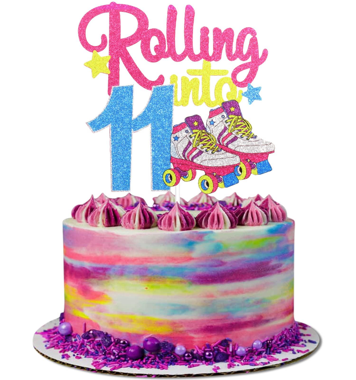 Caiwowo Rolling Into 11 Roller Skating Happy Birthday Cake Topper - 90's Throwback Girl's 11th Birthday Party Cake Topper Supplies - Roller Skating Party Supplies For Girls