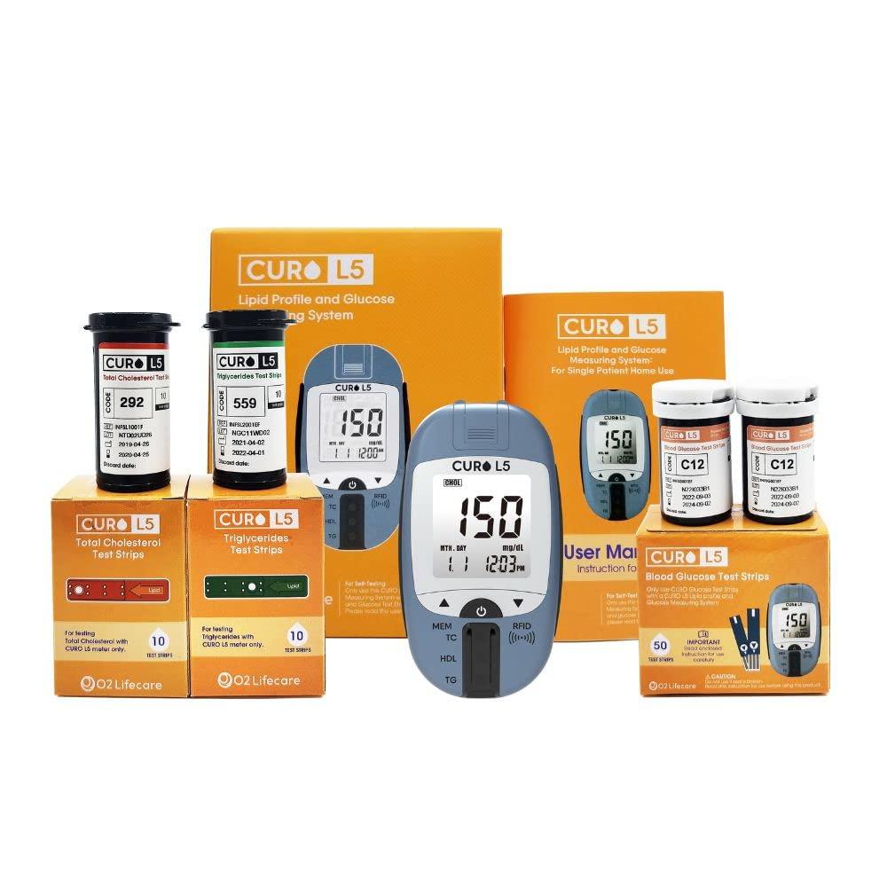 CUROFIT Home Blood Cholesterol Test Kit - CURO L5 Digital Meter - (10 Total Cholesterol Strips & 10 Triglycerides Test Strips and 50 Glucose Test Strips Included)