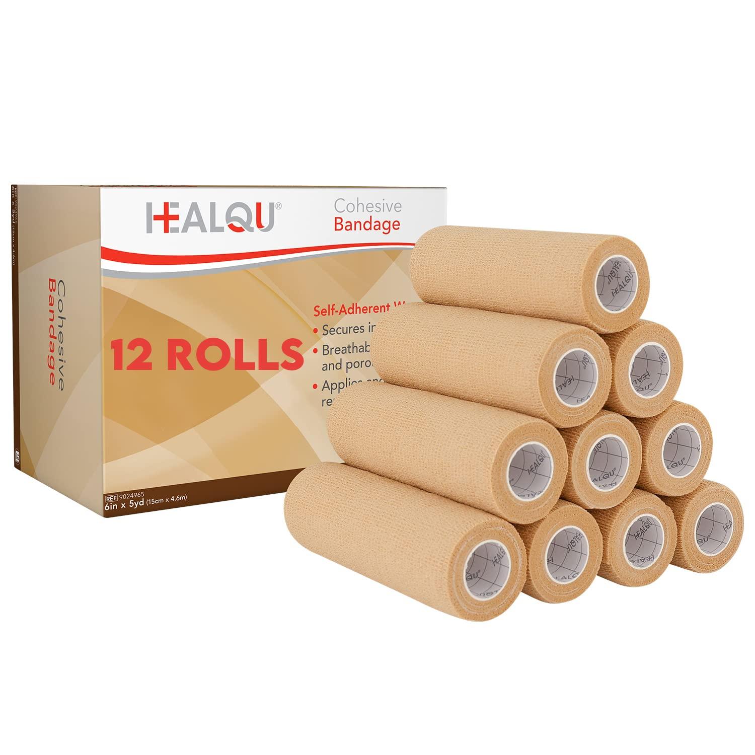 Healqu HEALQU Self Adhesive Bandage Wrap – Cohesive Tape for Athletic & Sports - 6” x 5 Yards Self Adherent Medical Tape, Flexible, Waterproof Elastic Bandages for Wrist & Ankle Vet Wrap for Dogs (12 Rolls)