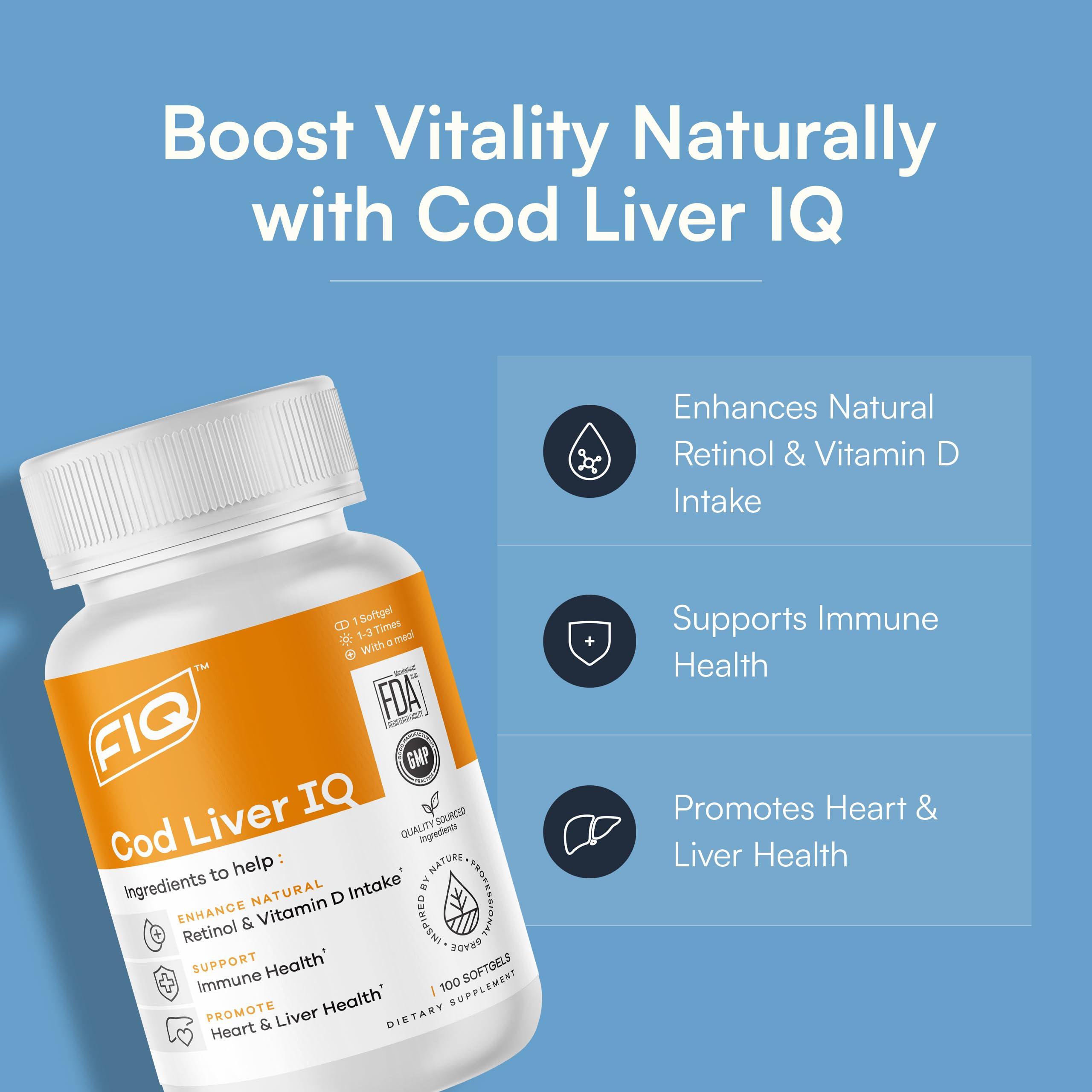FIQ FIQ - Cod Liver IQ - Cod Liver Oil Softgels - Natural Source of Vitamins A & D and Omega-3 Fatty Acids - Heart, Liver & Immune Health - 100 Softgels