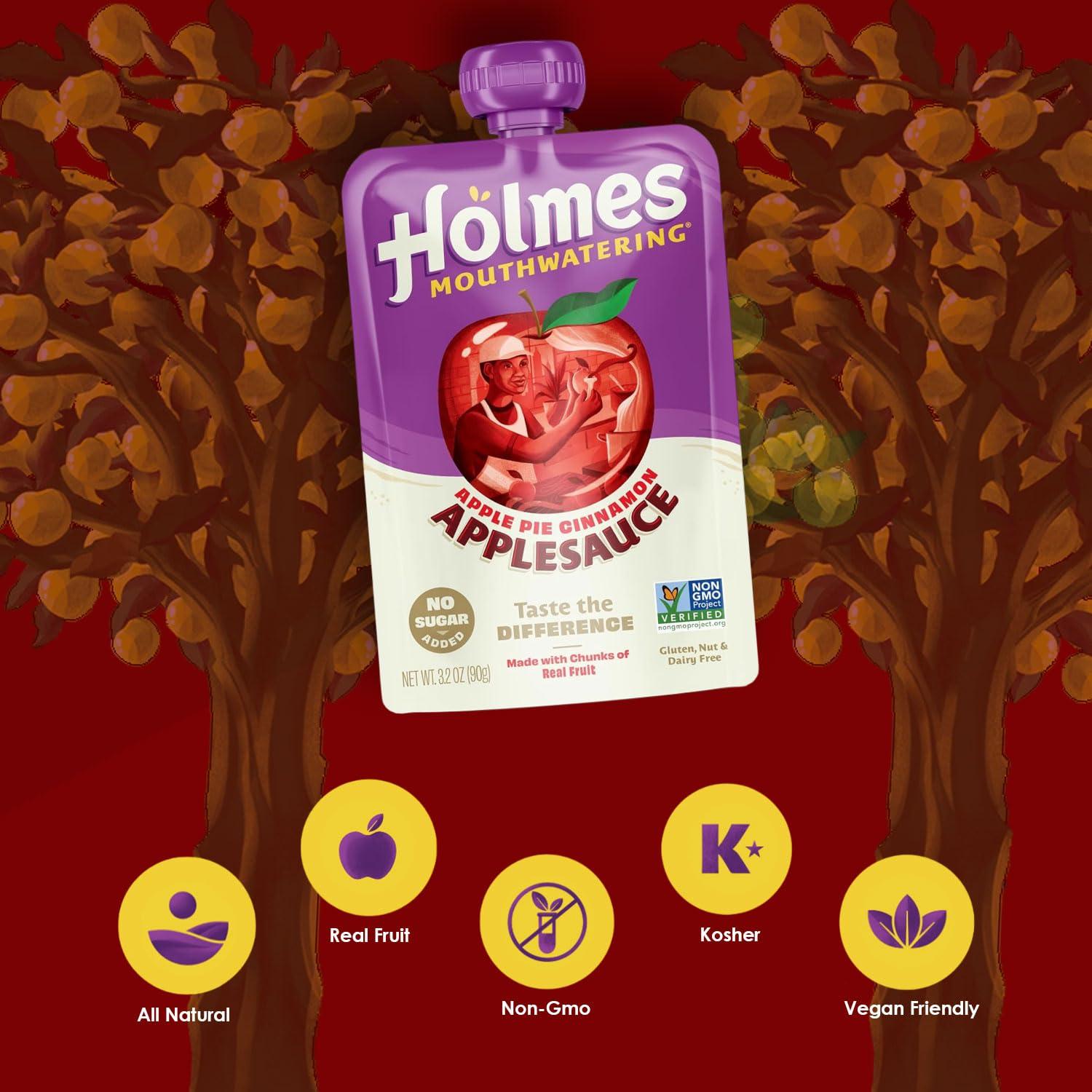 Holmes Mouthwatering Applesauce Squeeze Pouch, Organic Cinnamon Applesauce Pouches with Real Chunks of Fruit, No Artificial Flavors Fruit Snack (Apple Pie Cinnamon, 12 Pack of 3.2 oz)
