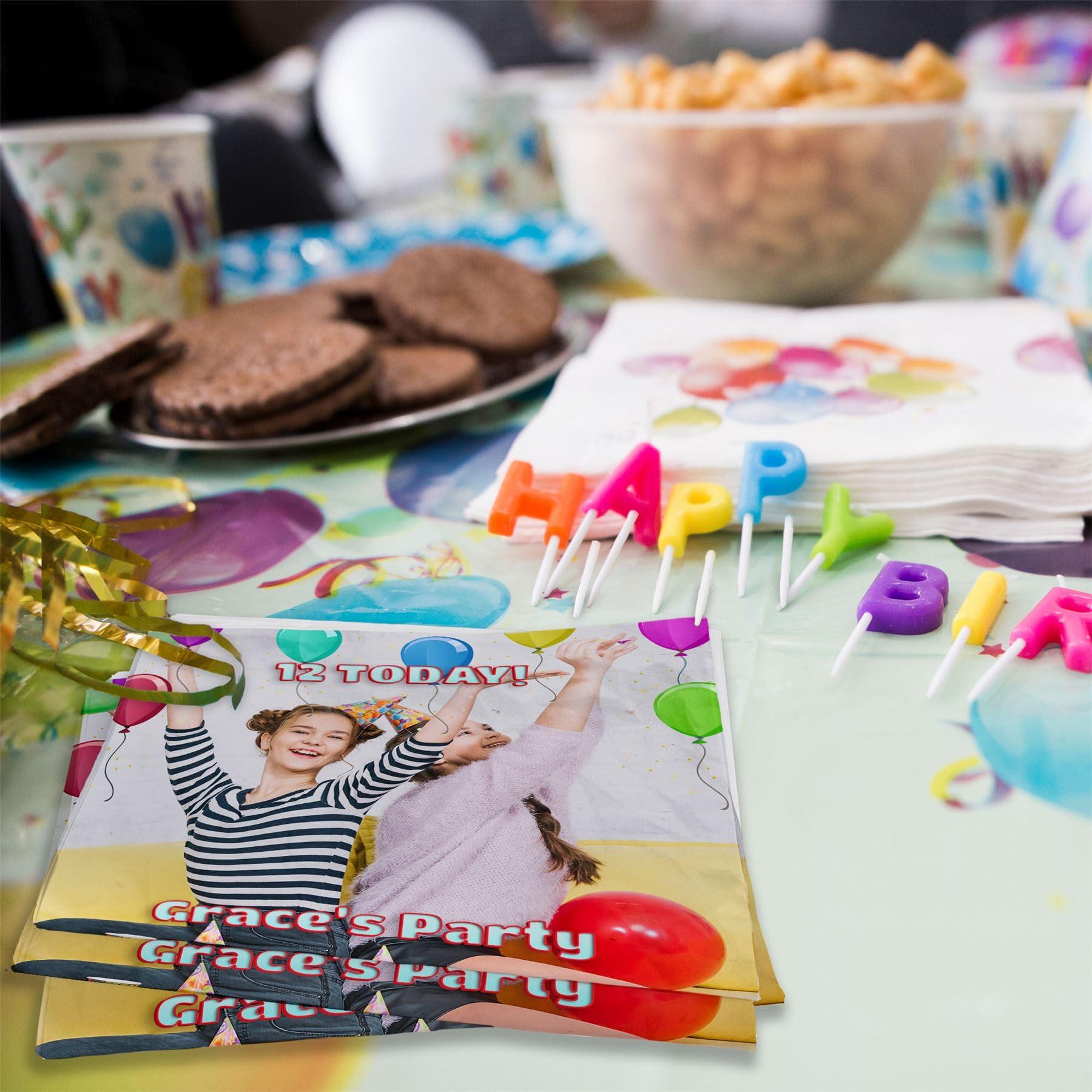 Bang Tidy Clothing Personalized Photo Beverage Napkins For Special Occasion, Birthday Party Tableware Decorations, Balloon Border Frame, Custom Disposable Luxury Linen Feel Pack of 24 Paper Serviettes