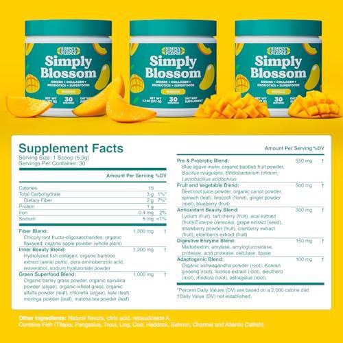 Simply Nature's Promise Simply Blossom Nutrition Daily Greens & Superfood Powder + Collagen + Probiotics for Women's Digestive Health & Bloating Relief. Help Your Health Bloom - 30 Day Supply - Mango