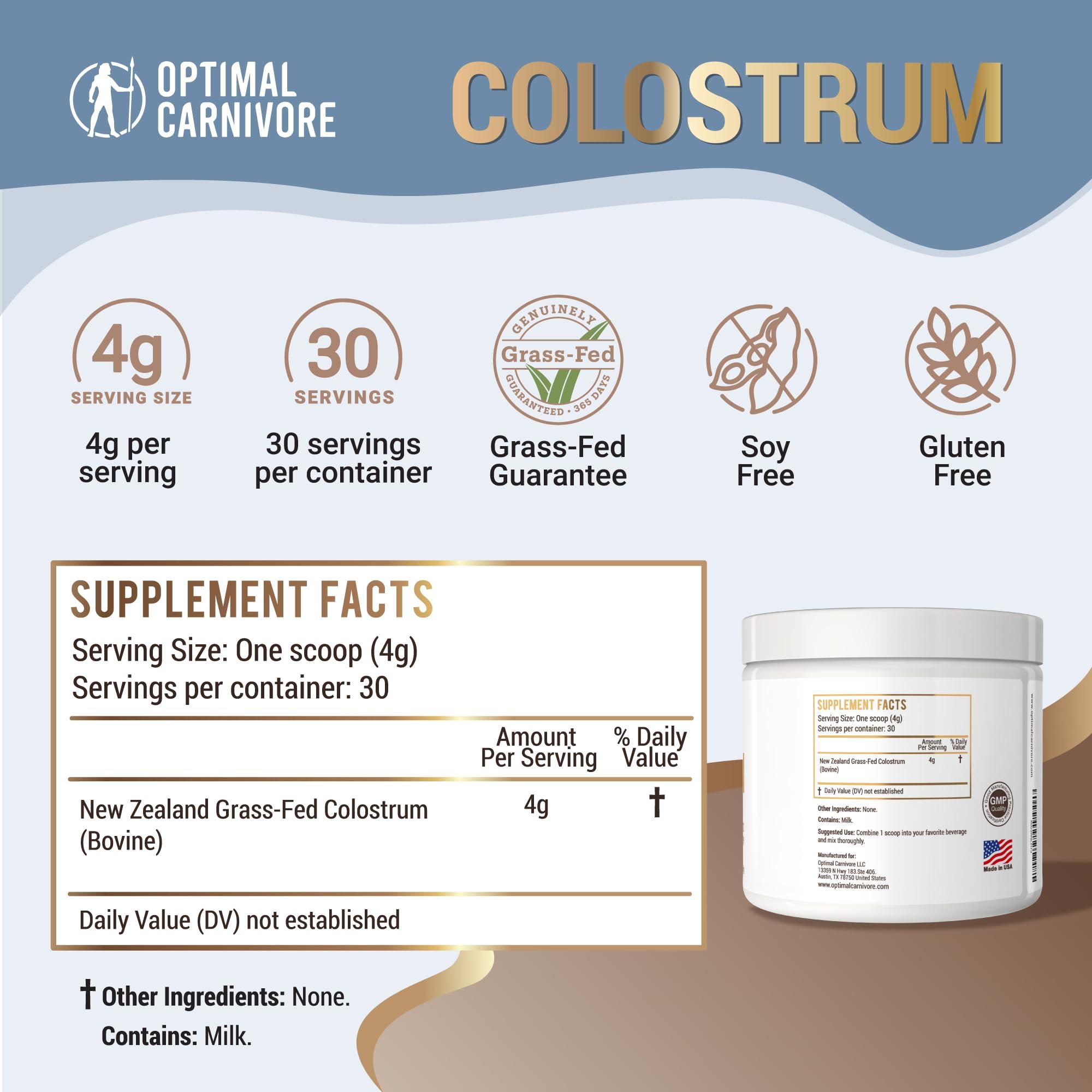 Optimal Carnivore Grass Fed Colostrum Powder, Unflavored Bovine Colostrum for Humans, Colostrum Supplement Powder for Gut Health, Immune Support & Muscle Recovery, 120 grams, Colostrum Powder Grass Fed