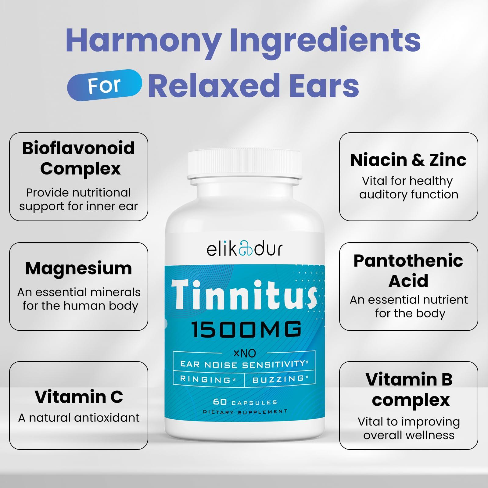 Elikadur 1500 MG Tinnitus for Ringing Ears, Tinnitus Supplement for Ear Ringing, Proprietary Herbal Blend, Ear Tinnitus for Women Men, (60 Caps, 2-Pack)