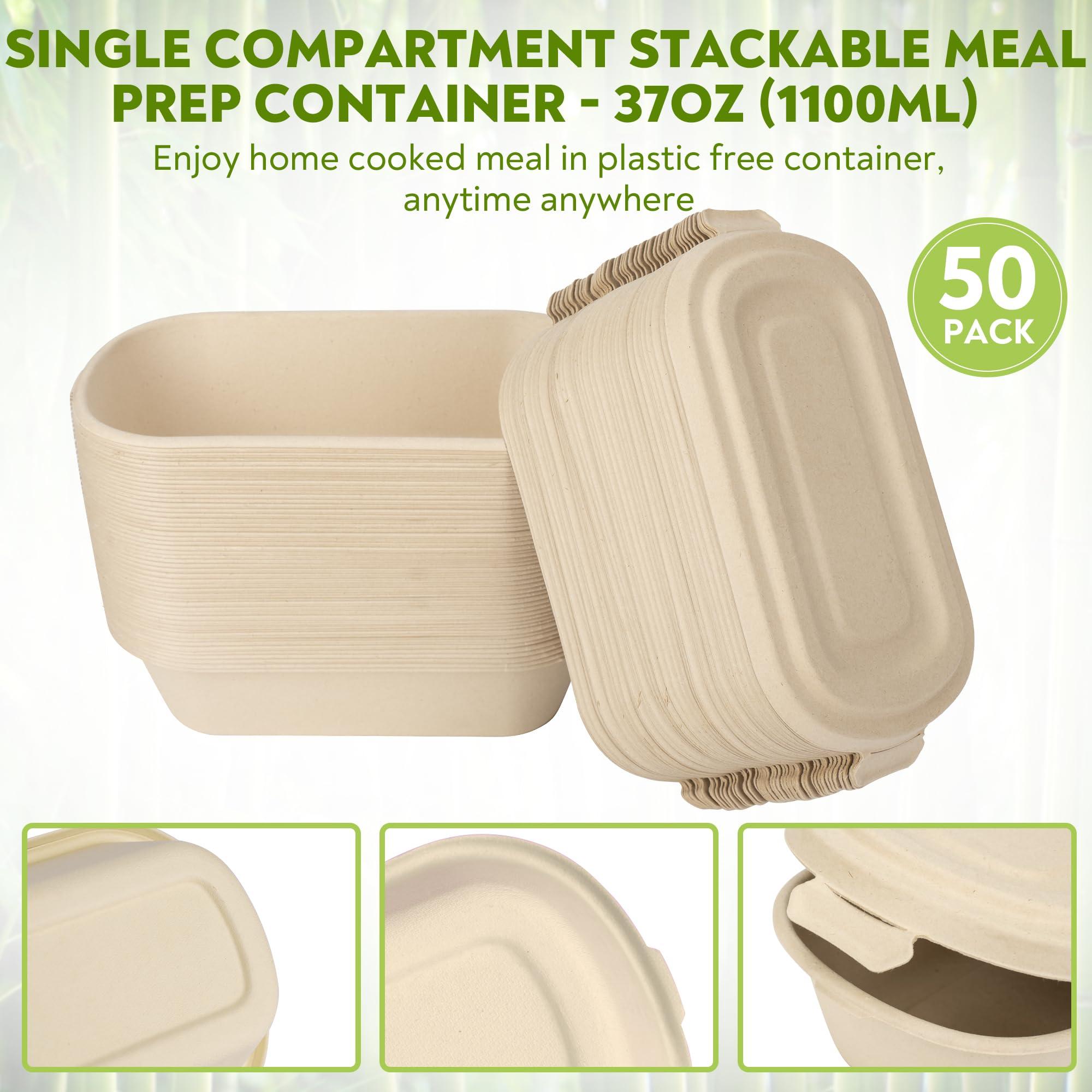 Enviro Safe Home 37 Oz Bamboo Disposable Food Containers, 50 Pack - Heavy Duty, Microwavable, Oven Safe - Perfect For Meal Prep, Salads, Lunch, To Go Food - Biodegradable (Brown)