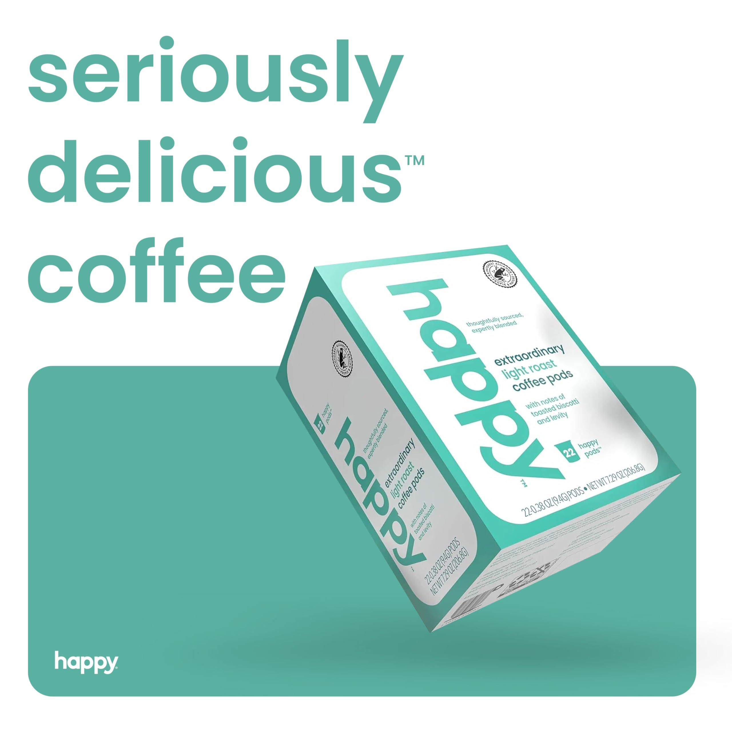 We Are Happy, LLC happy coffee light roast coffee pods, 22 count, notes of toasted biscotti and levity, compatible with most K-cup brewers, rainforest alliance certified