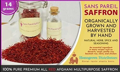 Sans Pareil Saffron Just as nature intended. Sans Pareil Saffron Spice Fresh Hand Harvest Organically Grown Saffron | 100% Pure Premium All Red Afghani Multipurpose Saffron | 14 Gram
