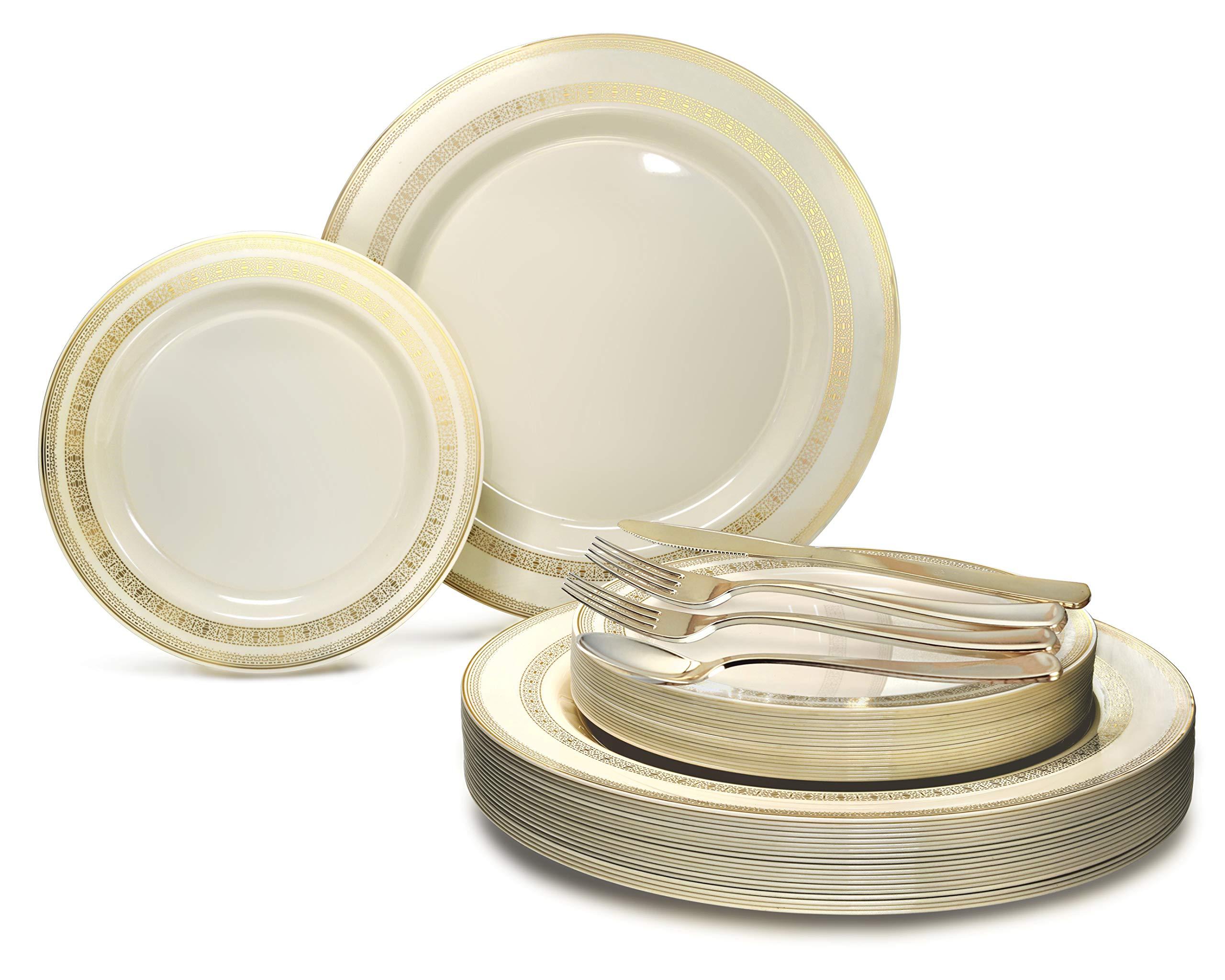 OCCASIONS FINEST PLASTIC TABLEWARE " OCCASIONS " 150pcs set (25 Guests)-Wedding Plastic Plates & cutlery -Disposable heavyweight Dinnerware 10.5'', 7.5'' + Silverware w/double fork (Lace Ivory & Gold)