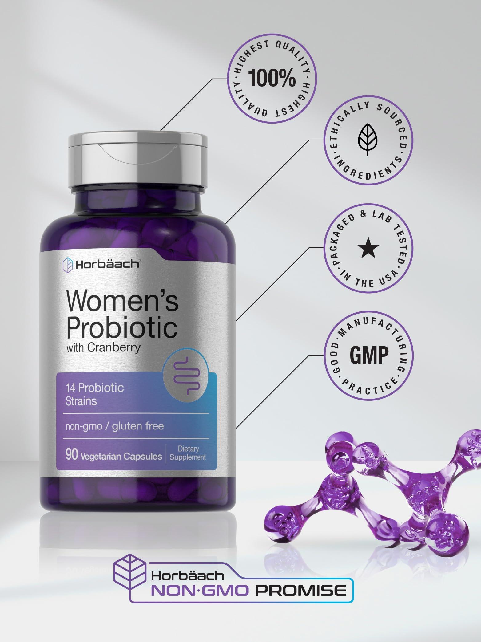 Horbach Horbaach Probiotic for Women with Cranberry | 90 Capsules | 14 Probiotic Strains | Non-GMO, Gluten Free Supplement