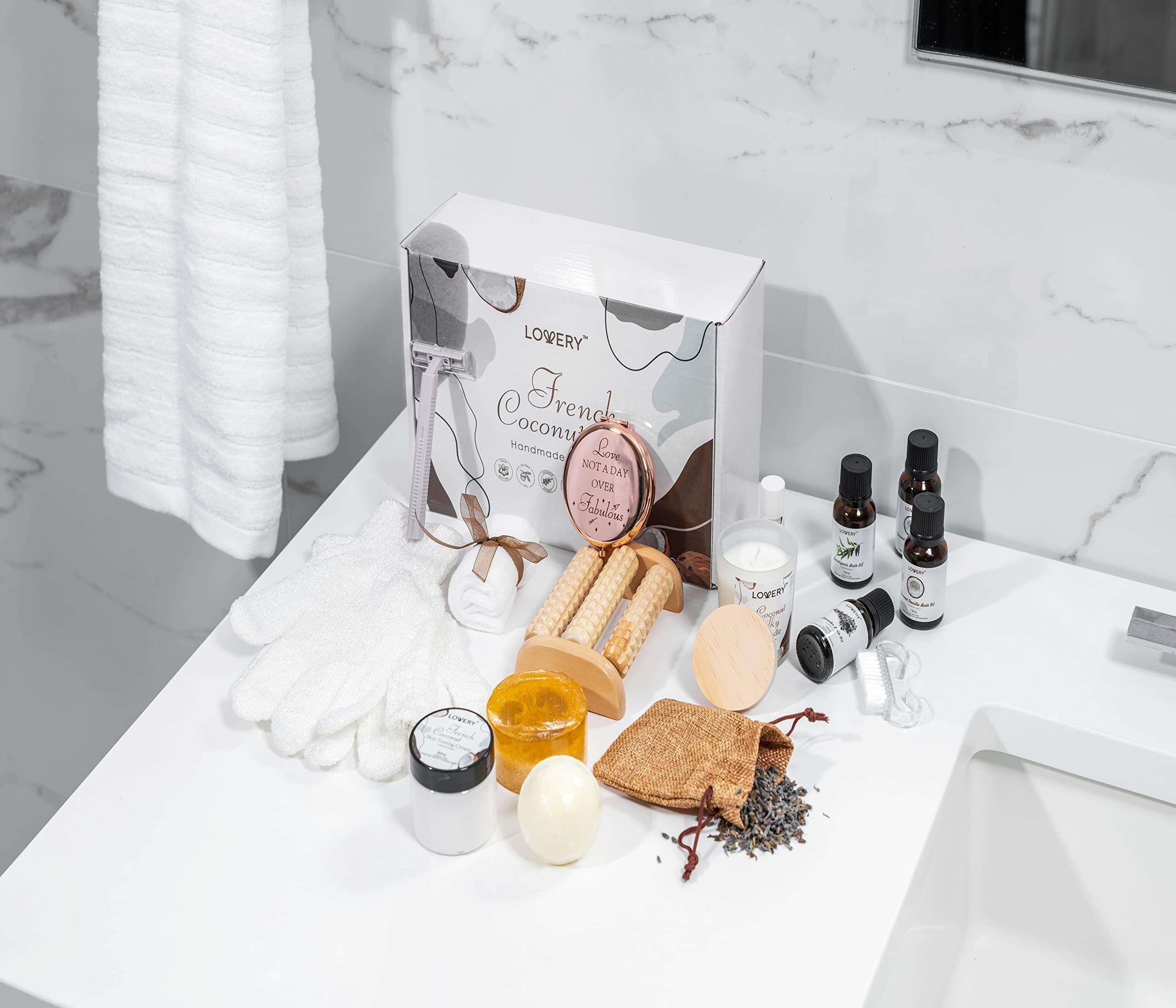 LOVERY Valentines Bath Gift Set, 20pc French Coconut Aromatherapy Spa Gift Basket for Women & Men, Self Care Package Spa Kit, Handmade Gift Box, Body Oils, Organic Lip Balm, Bath Bomb, Spa Gifts for Birthday